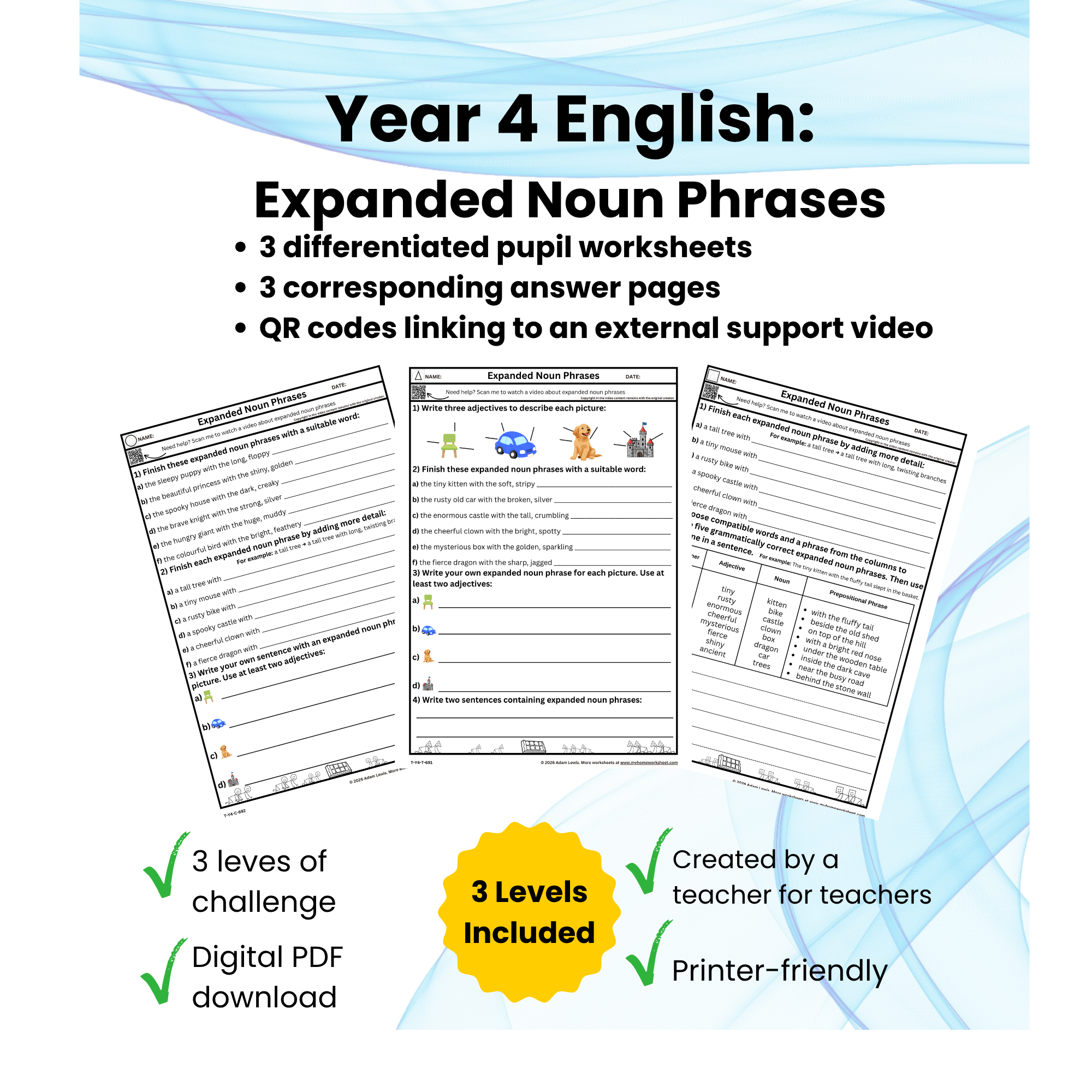 Year 4 Expanded Noun Phrases Worksheets (691-693)