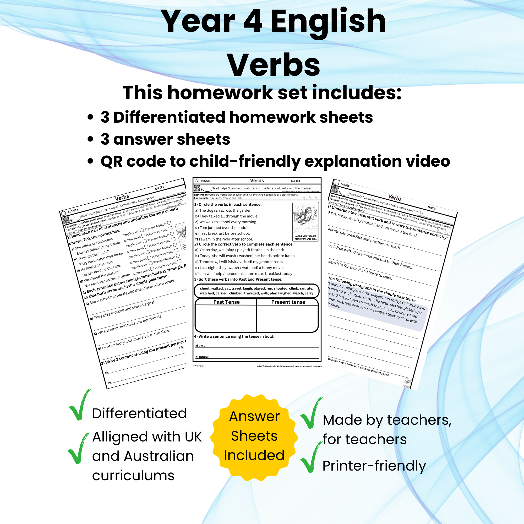 Year 4 Verbs and Tenses Homework (373-375)