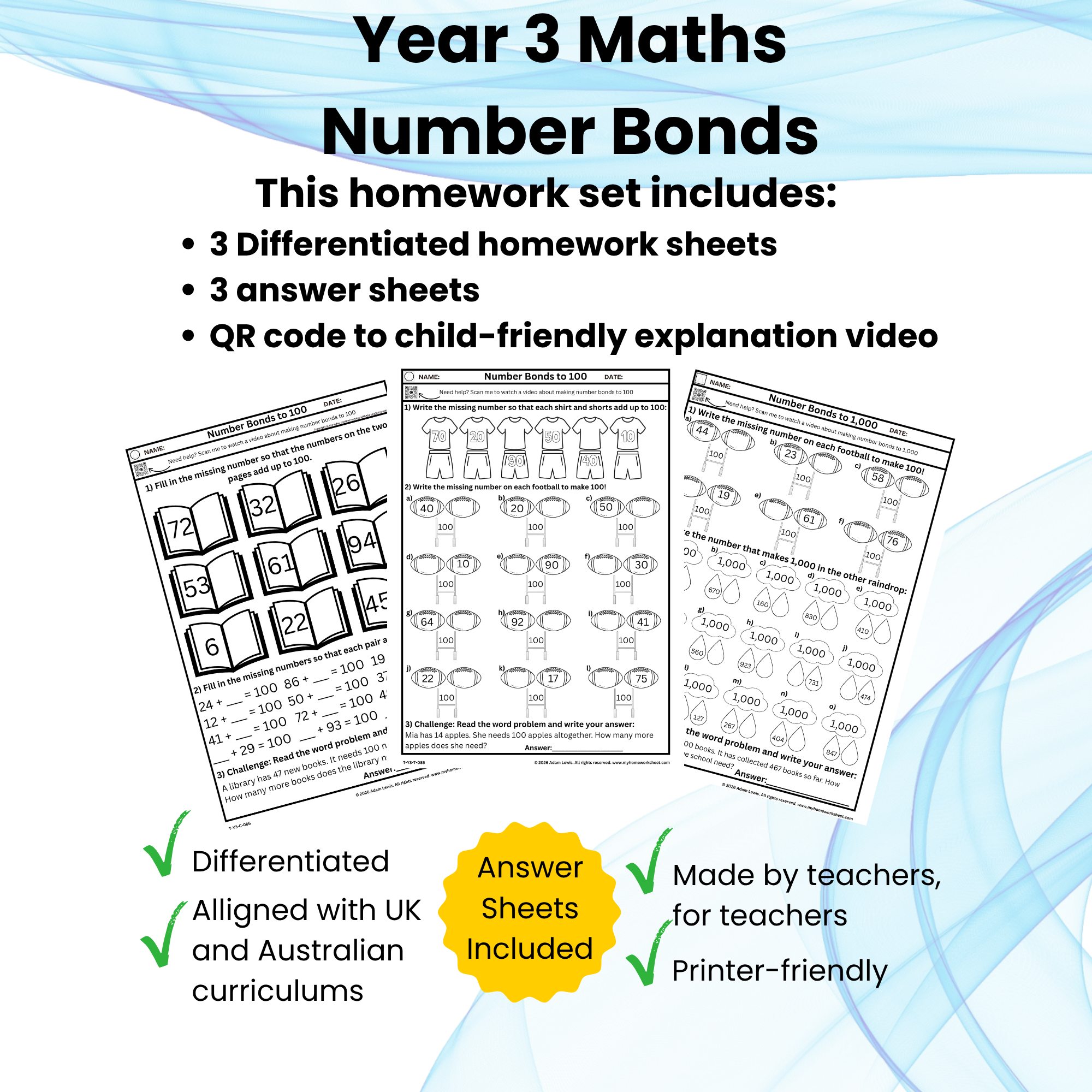 Year 3 Maths Number Bonds Worksheets (085-087)