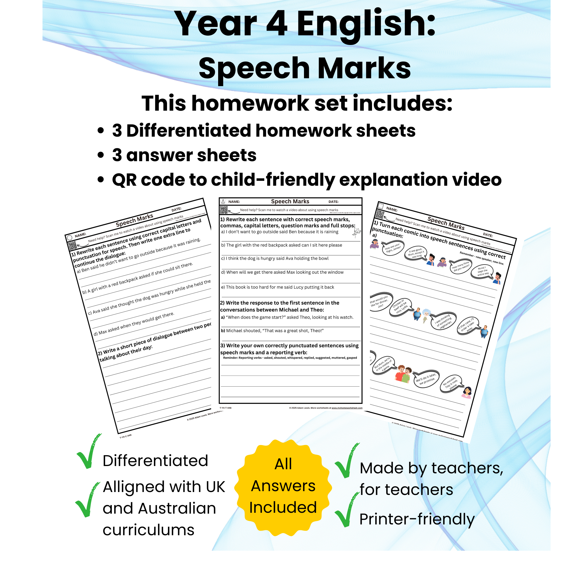 Year 4 Speech Marks Worksheets – Direct Speech Punctuation (Differentiated) 448-450