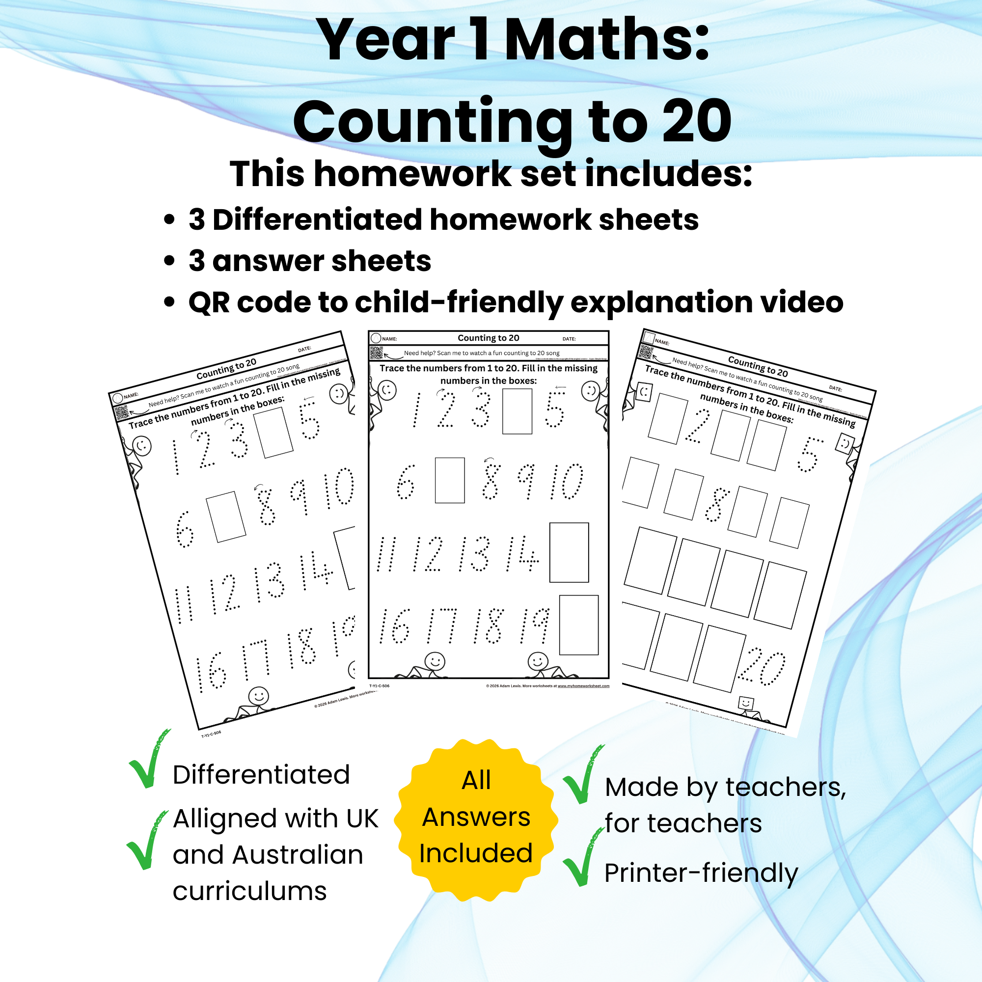 Year 1 Counting to 20 Homework Worksheets – Tracing & Missing Numbers 505-507