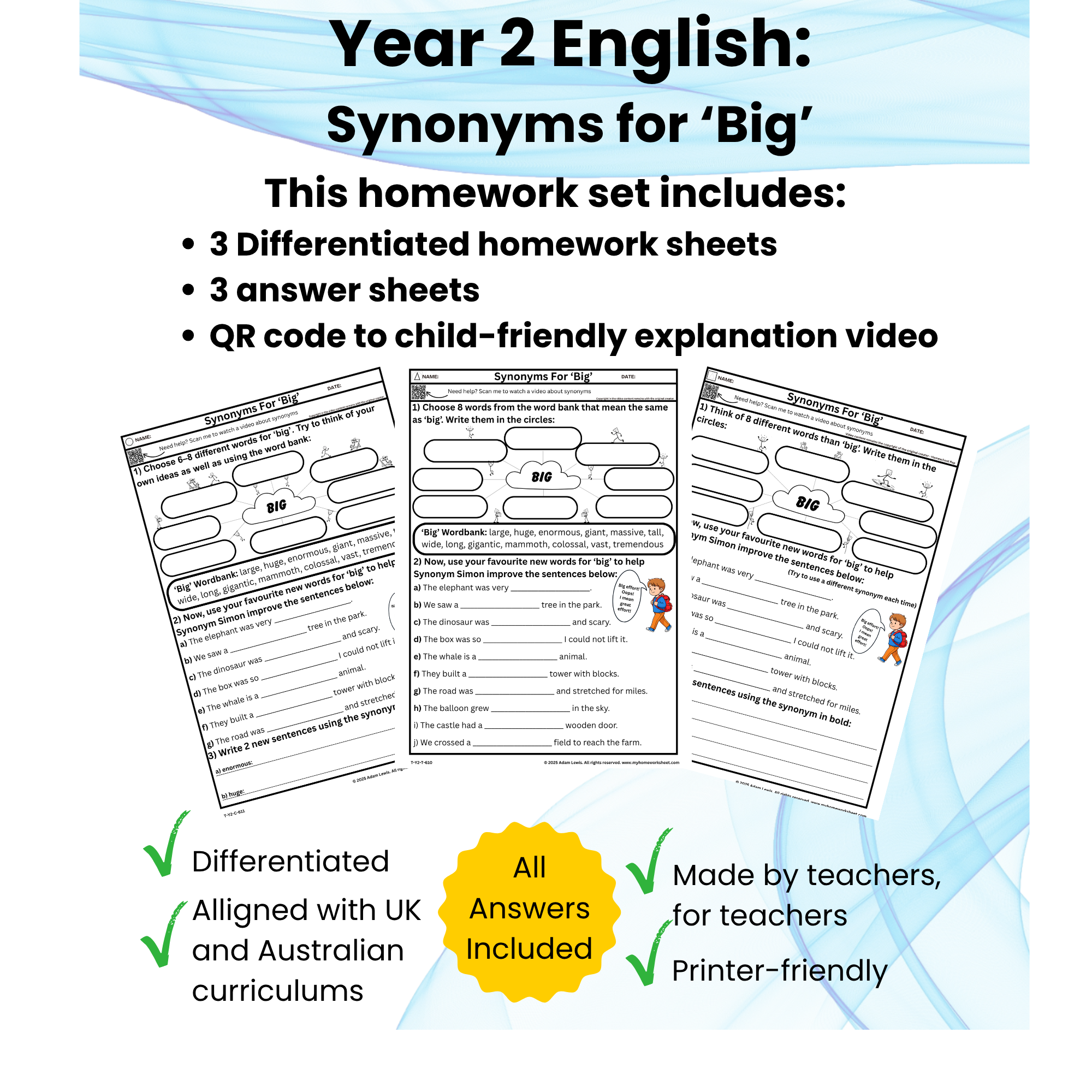 Year 2 Synonyms for ‘Big’ Worksheets (610-612)