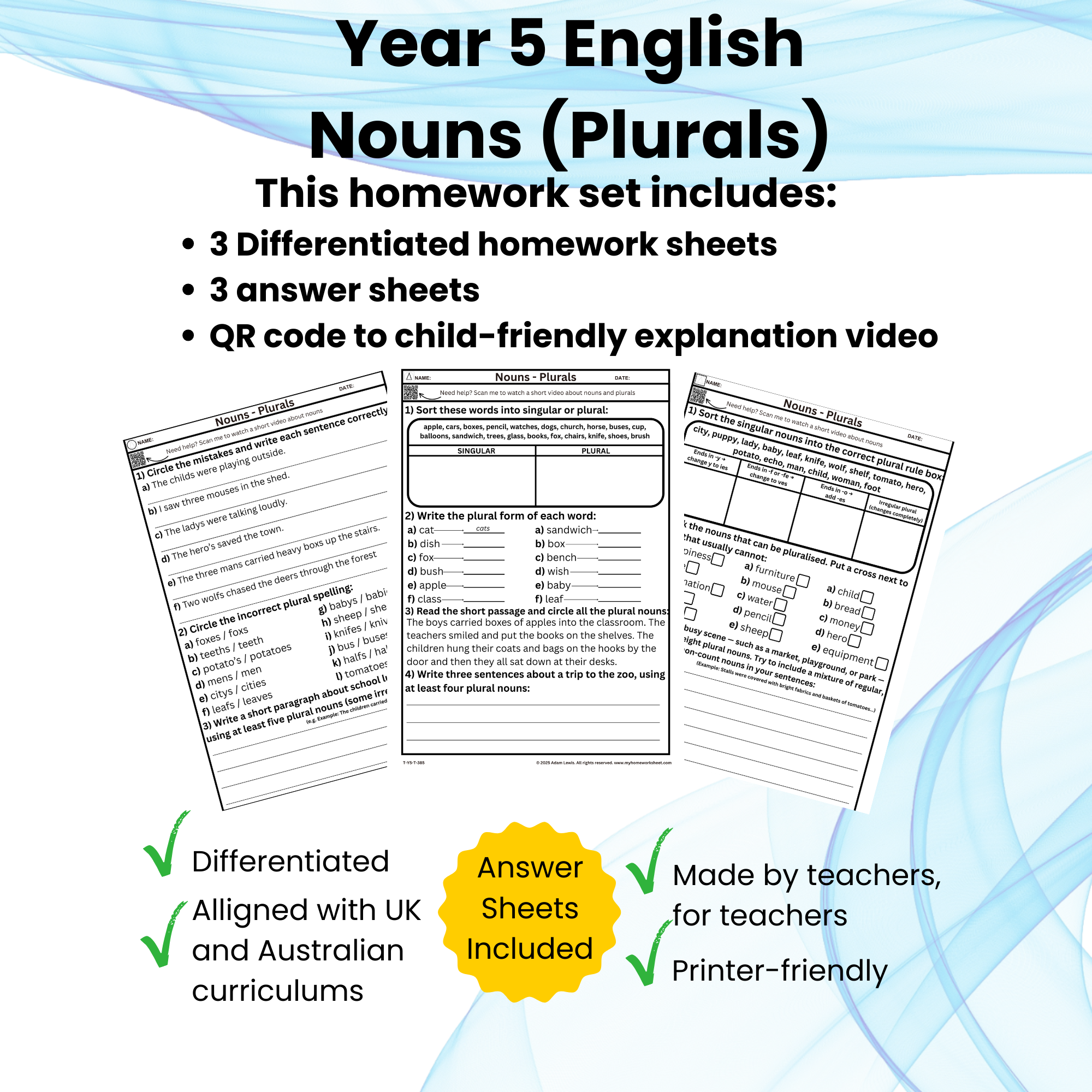 Year 5 English – Nouns and Plurals (Differentiated Worksheets) 385-387