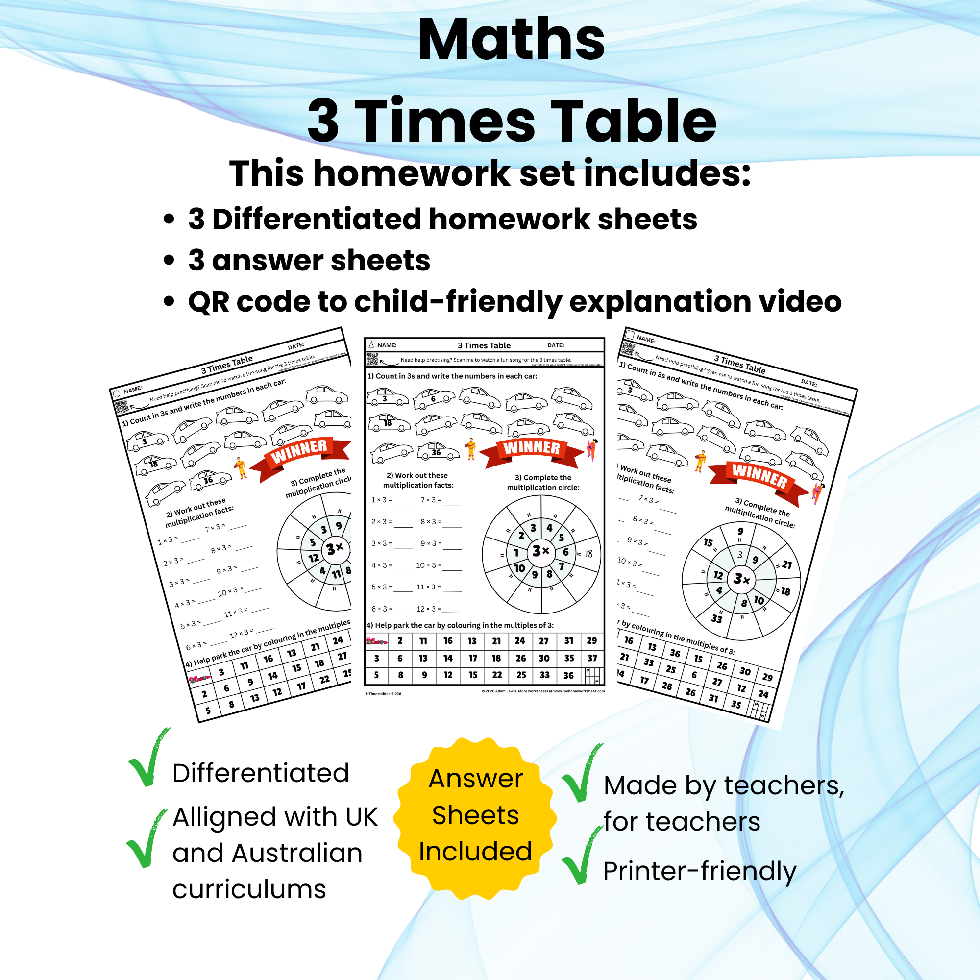 3 Times Table Worksheet Set (226-228)