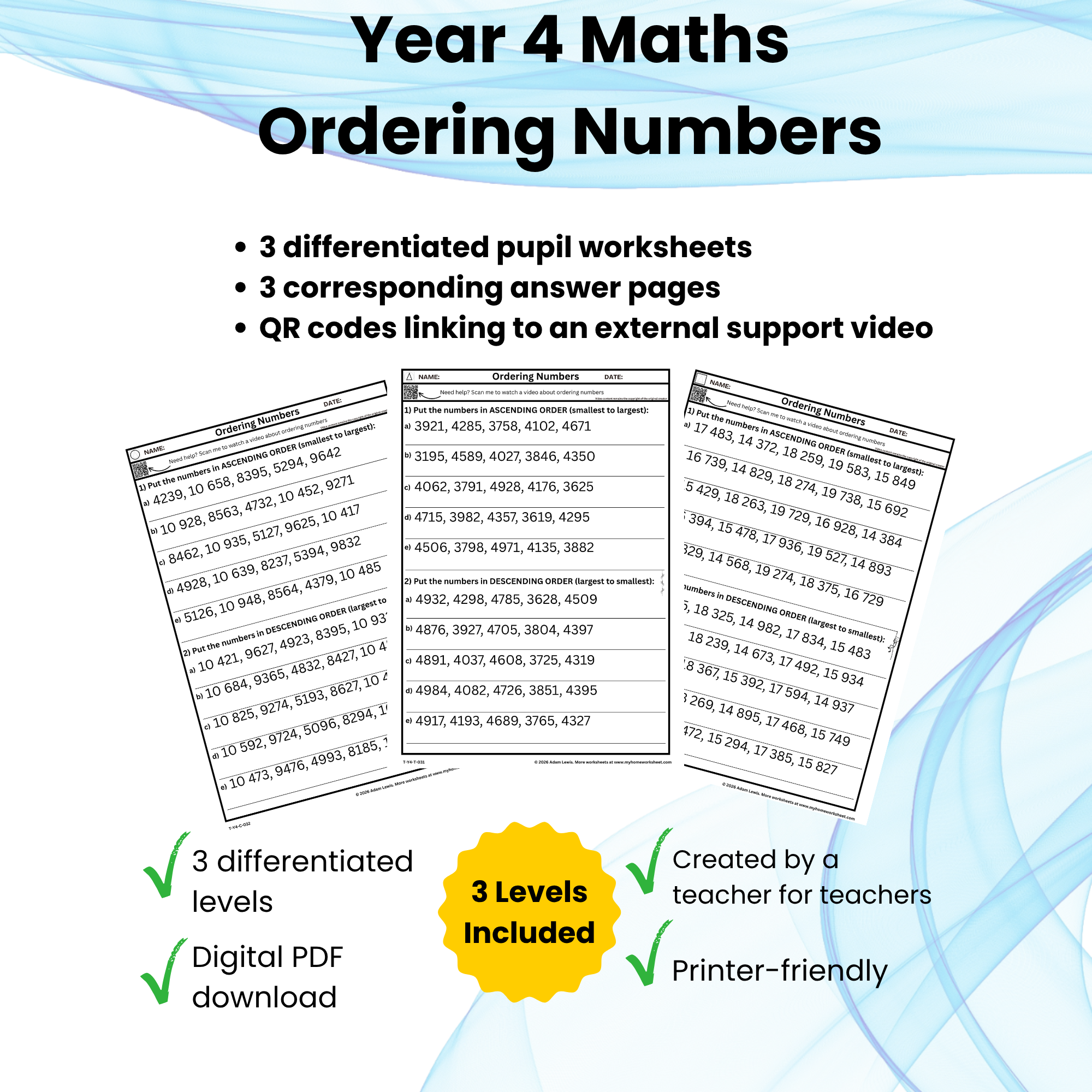 Year 4 Ordering Numbers Worksheet Set (031-033)