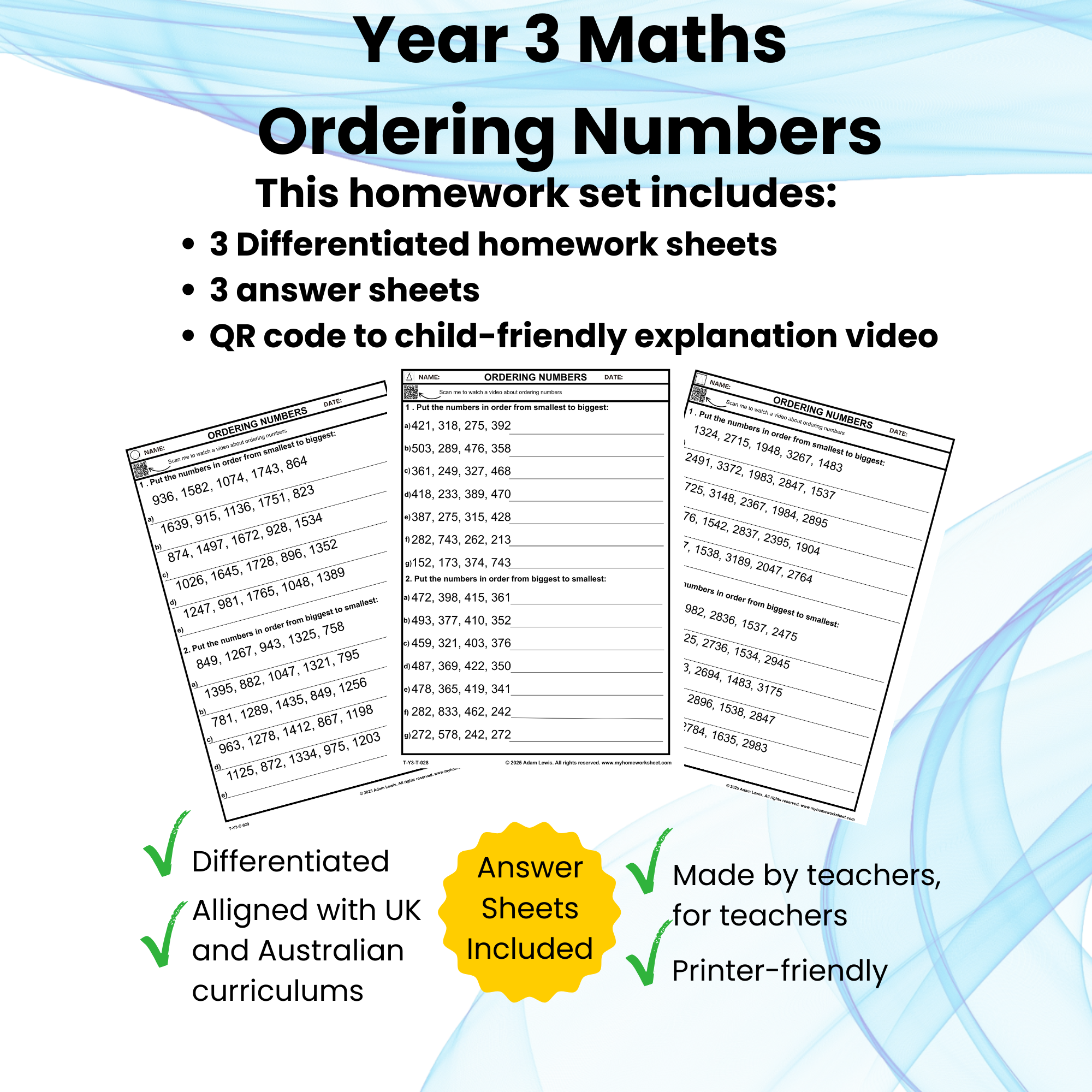 Year 3 Ordering Numbers Worksheet Set (homework Sheet 028-030)