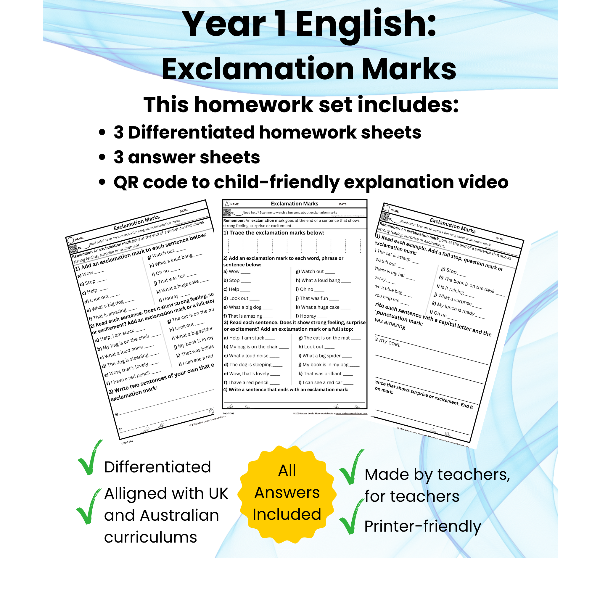 Year 1 Exclamation Marks Worksheets (763-765)