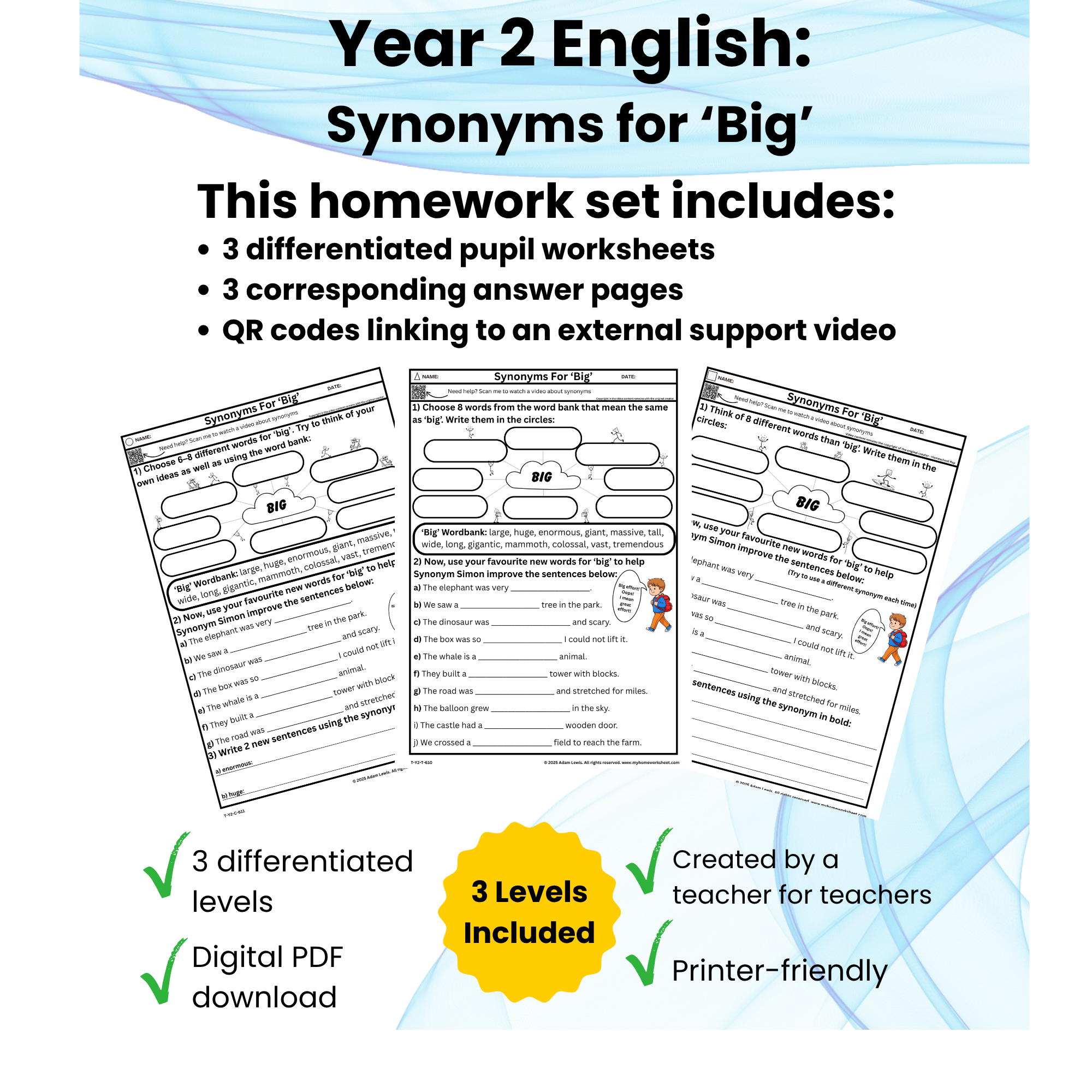 Year 2 Synonyms for ‘Big’ Worksheets (610-612)