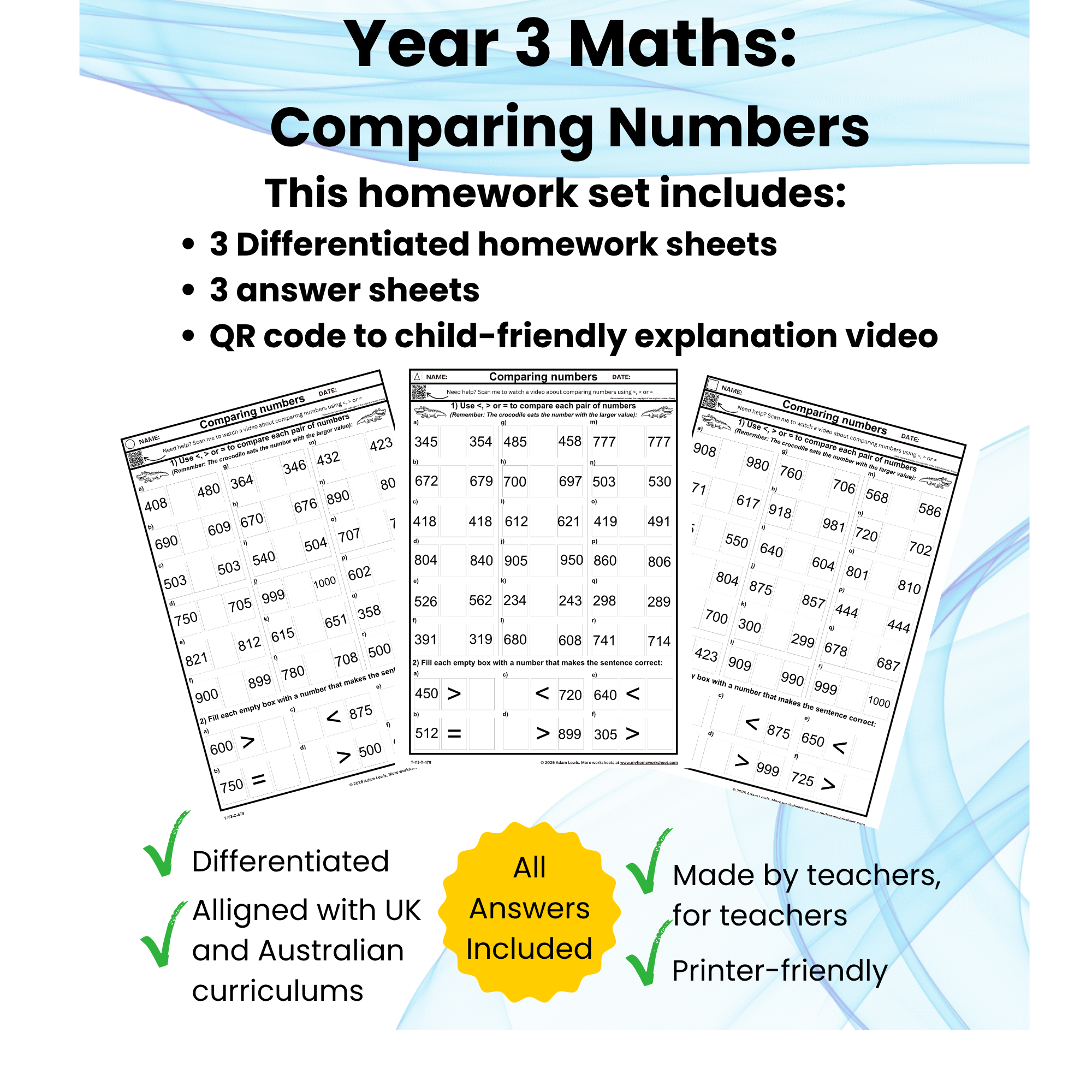 Year 3 Comparing Numbers: Greater Than and Less Than Worksheets (478-480)