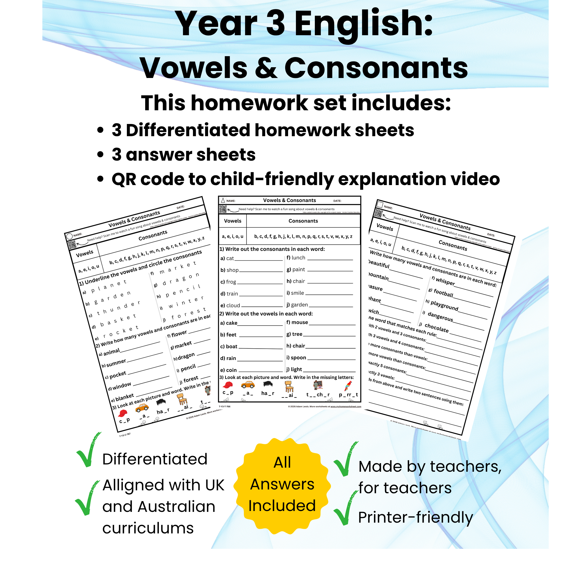 Year 3 Vowels and Consonants Worksheets (766-768