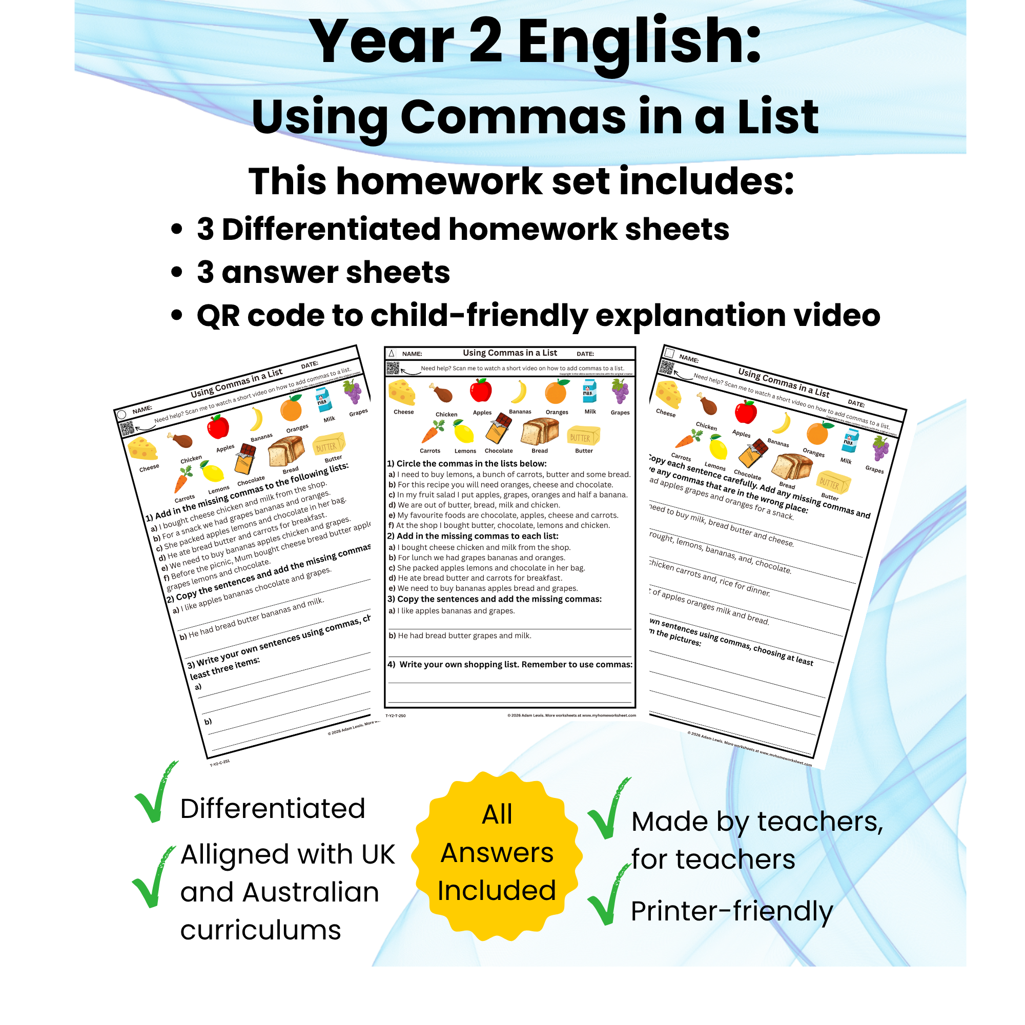Year 2 Using Commas in a List Worksheet Set (250-252)