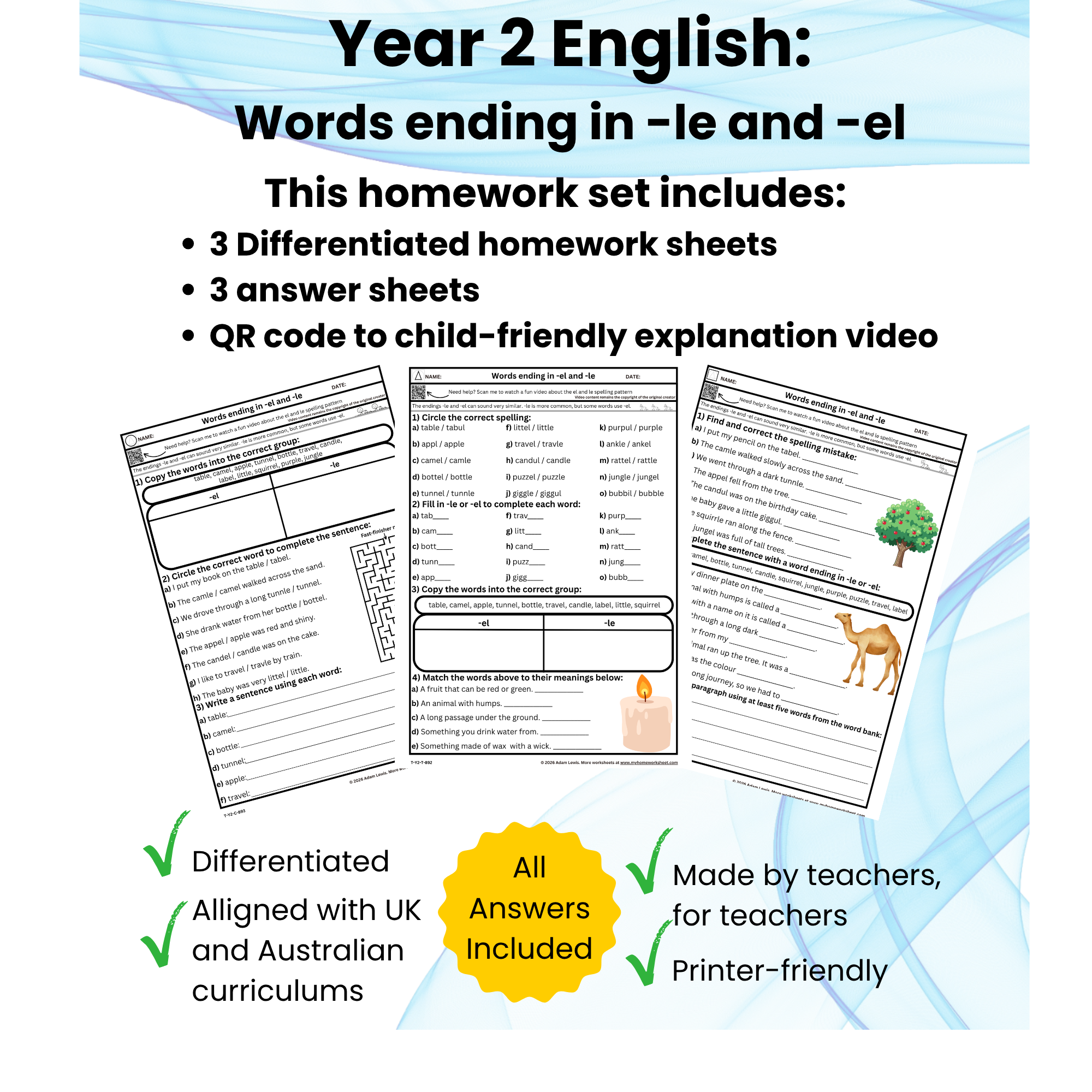 Year 2 Words Ending in -el and -le Worksheet (892=894)