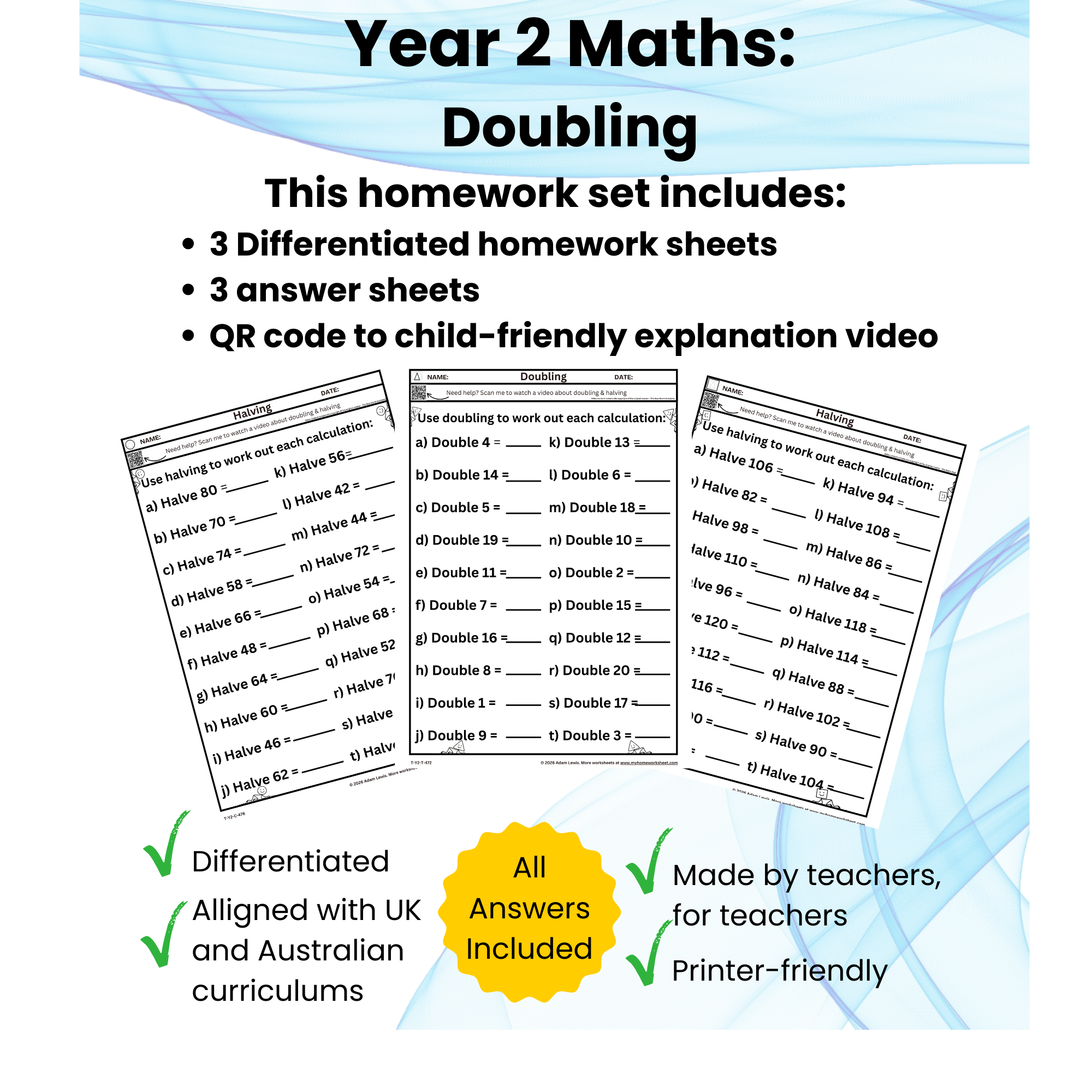 Year 2 Doubling Worksheets | Differentiated Maths Homework 472-474