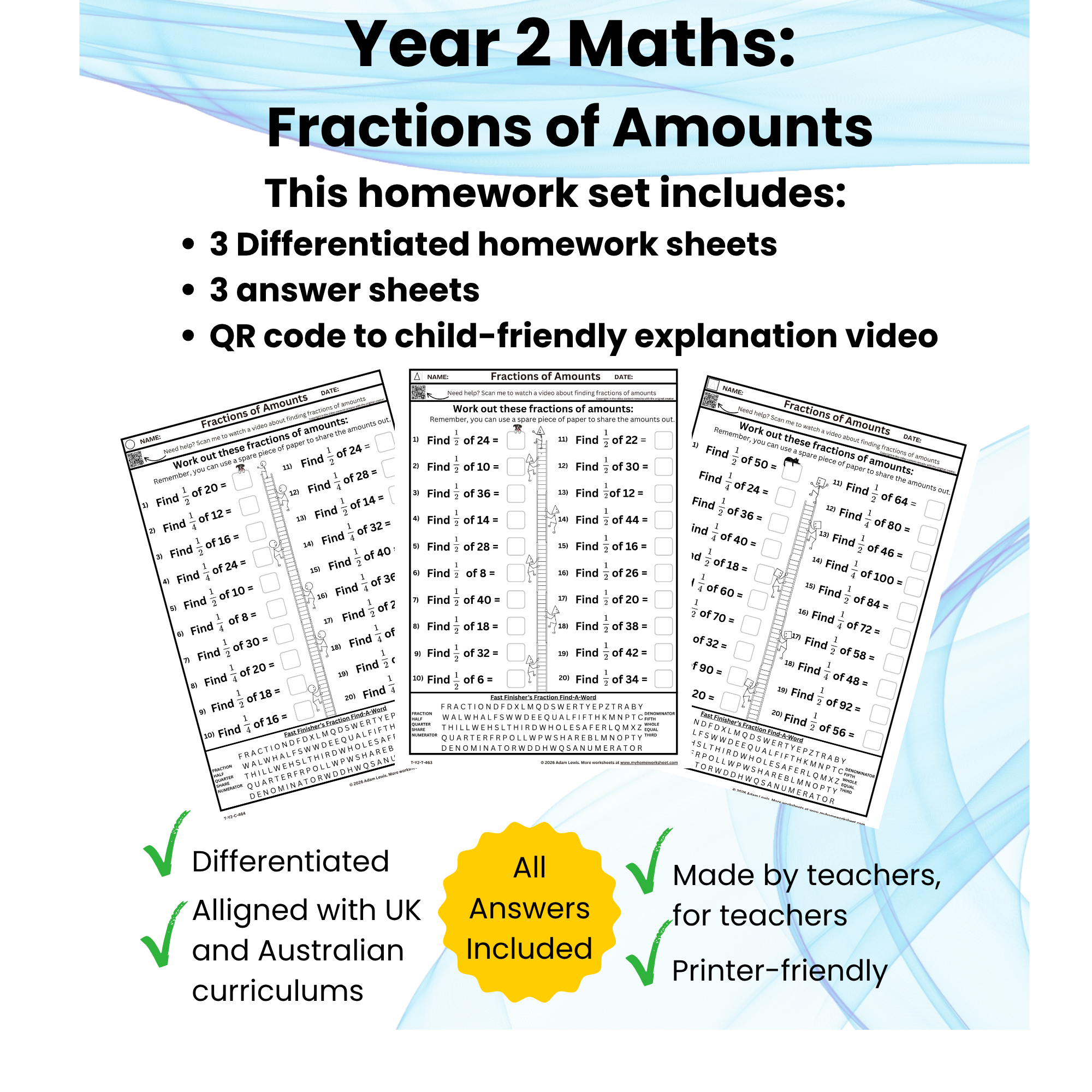 Year 2 Fractions of Amount Worksheets (463-465)