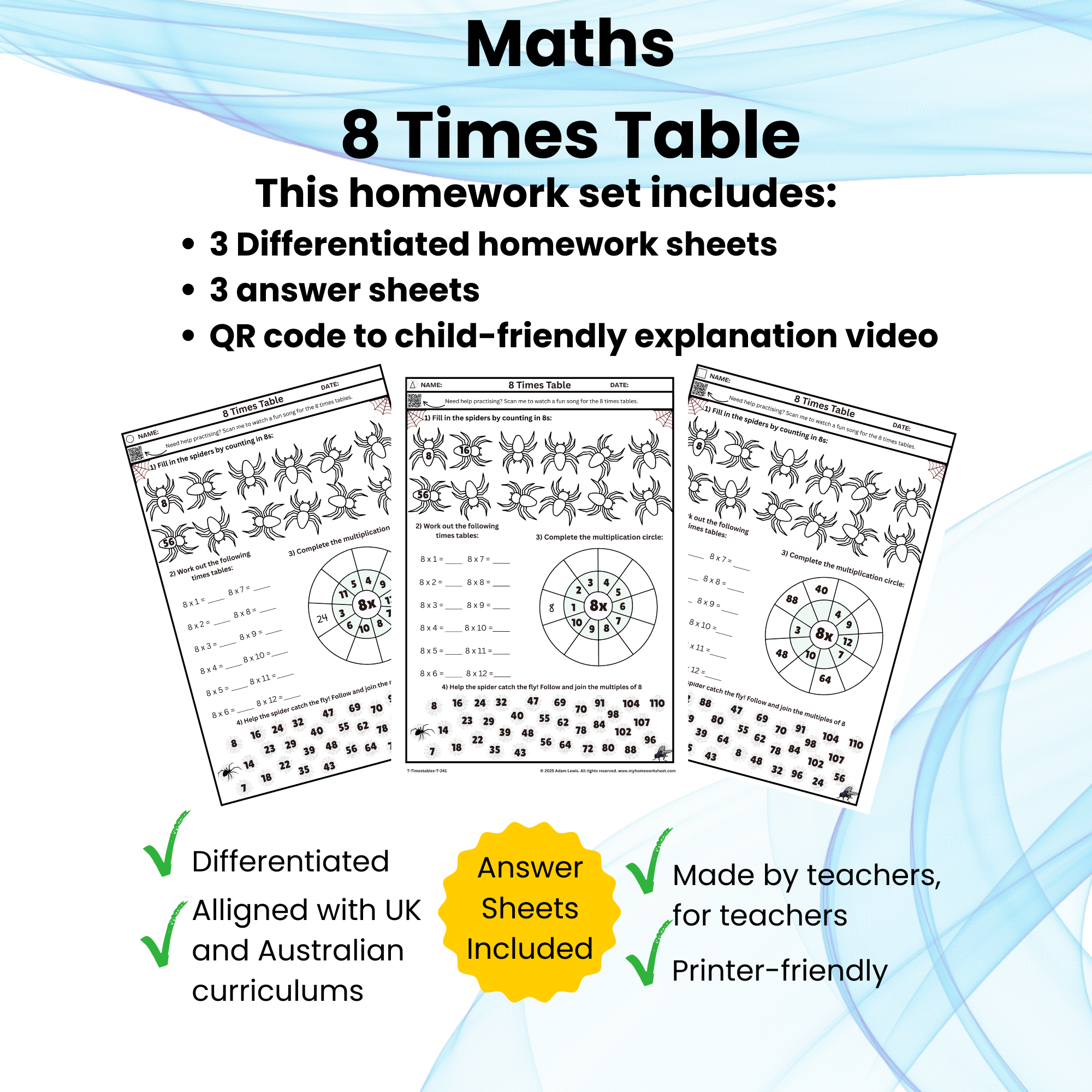 8 Times Table Worksheet Set (6 pages) 241-243