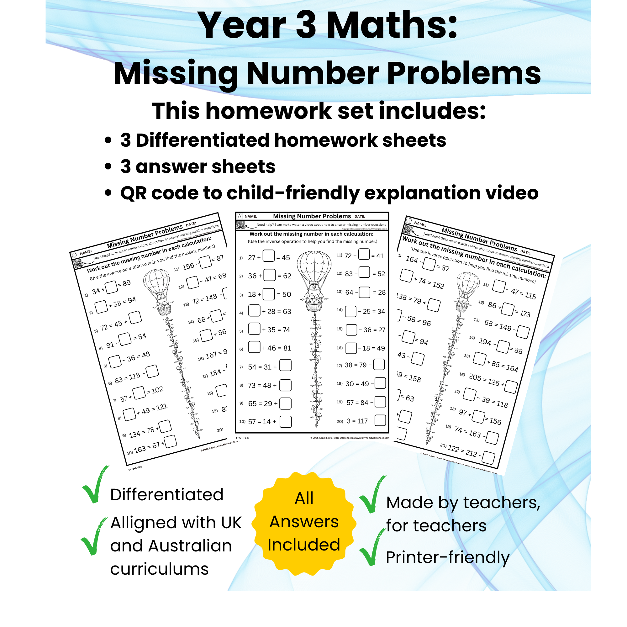 Year 3 Missing Number Problems Worksheets (457-459)