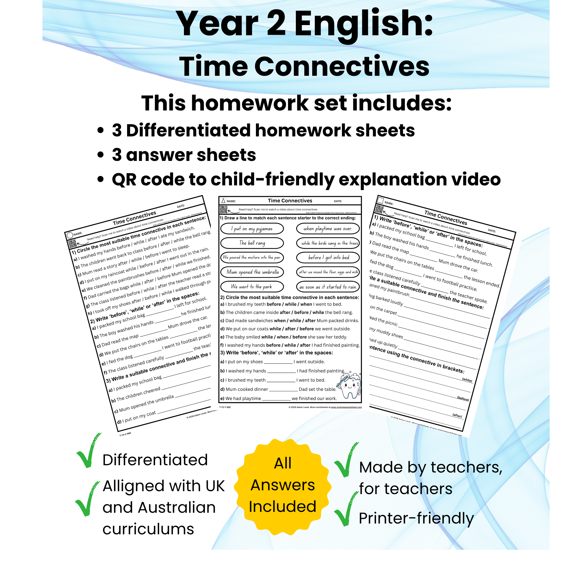 Year 2 Time Connectives Worksheets (682-684)