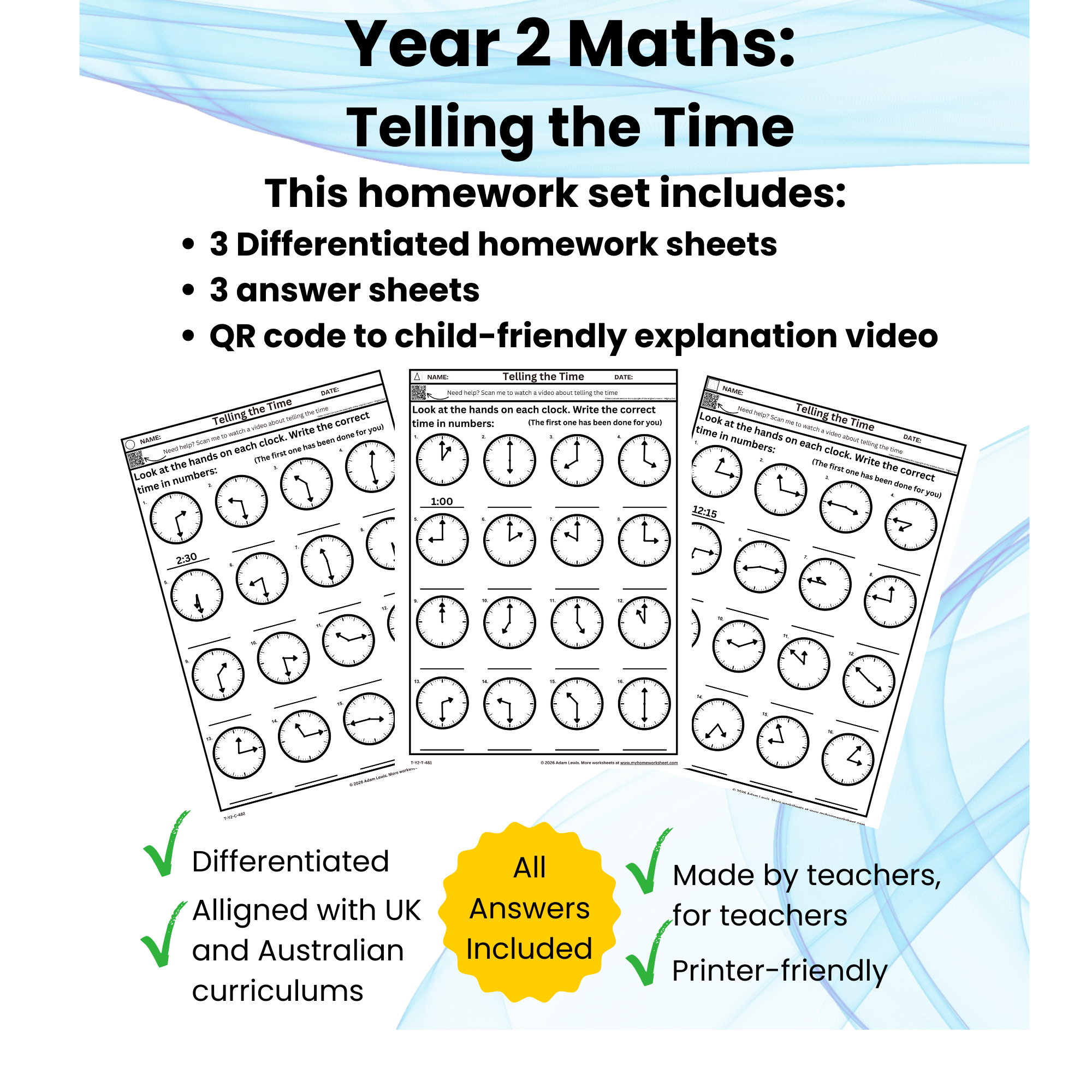 Year 2 Telling the Time – Analogue Clocks 481-483