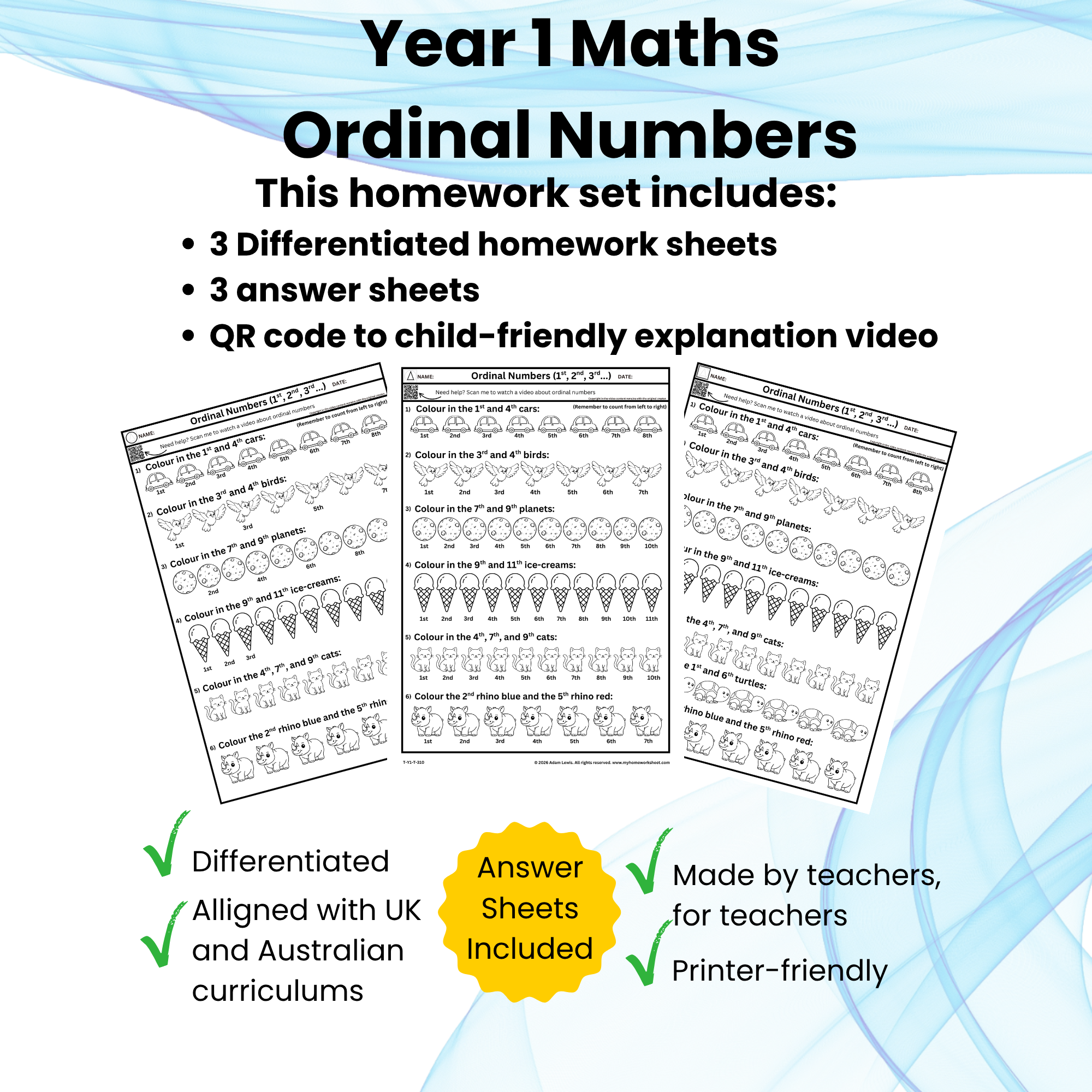 Ordinal Numbers Worksheet Set (310-312)