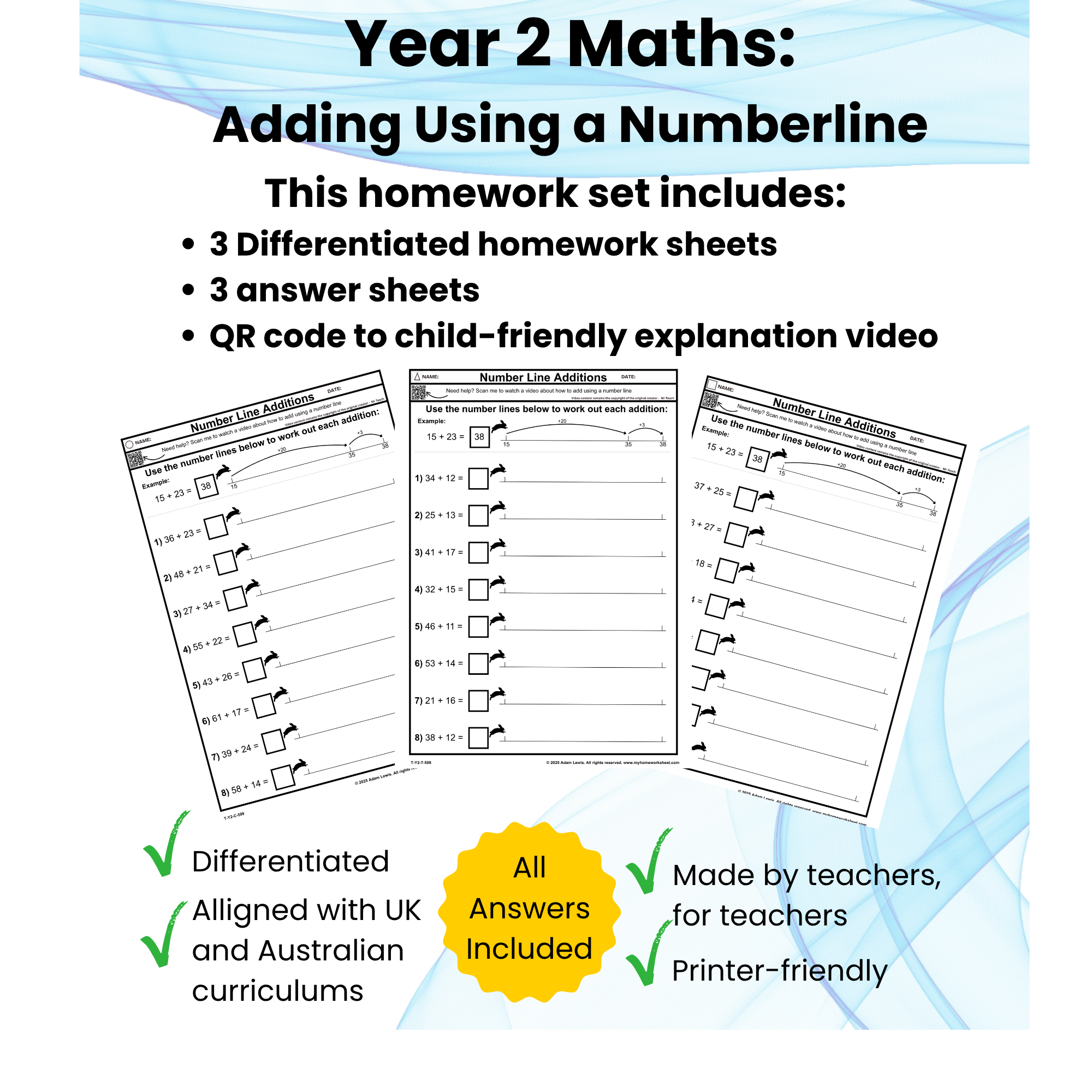 Year 2 Addition Using Number Lines Worksheets with Answers (598-600)