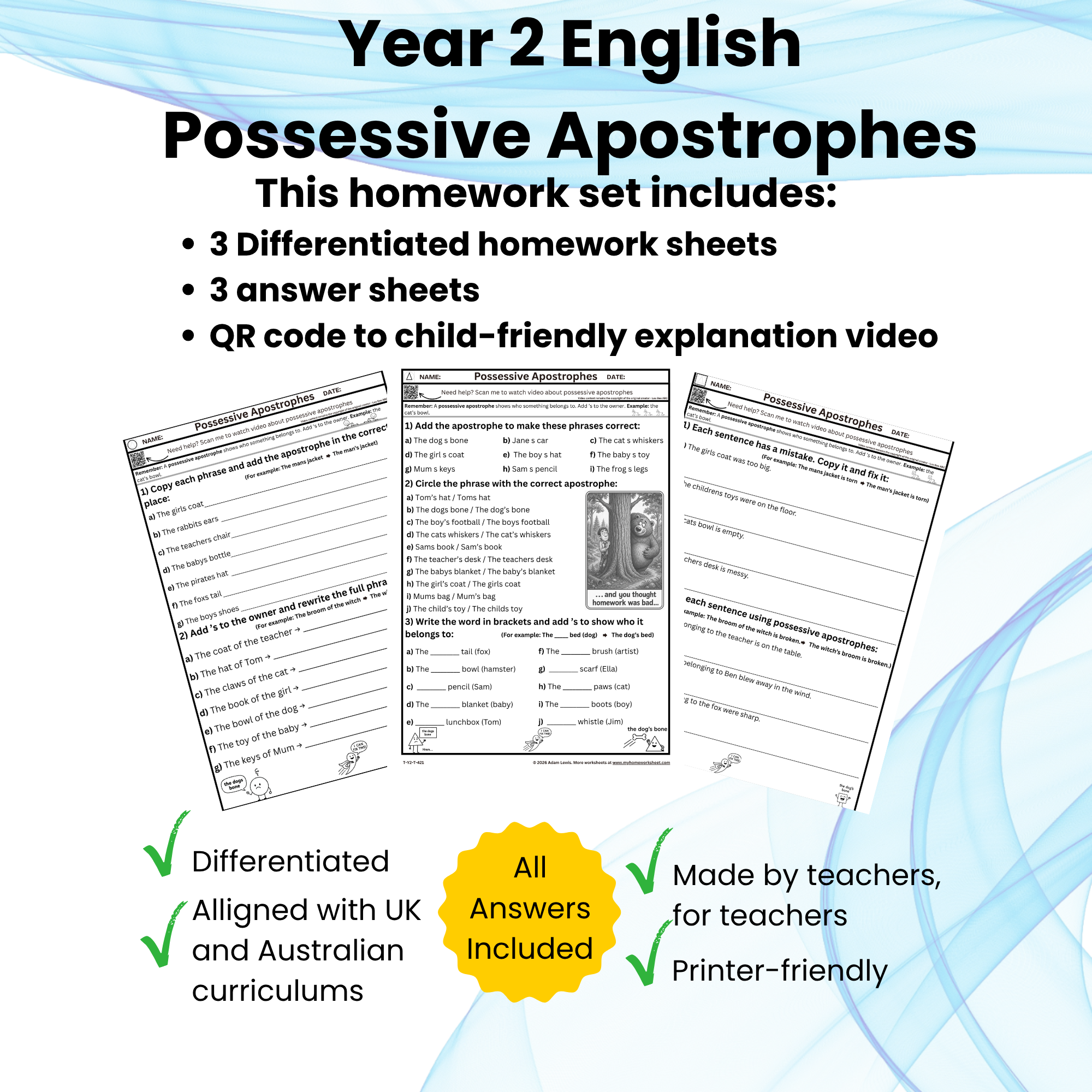 Year 2 Possessive Apostrophes Homework (421-423)