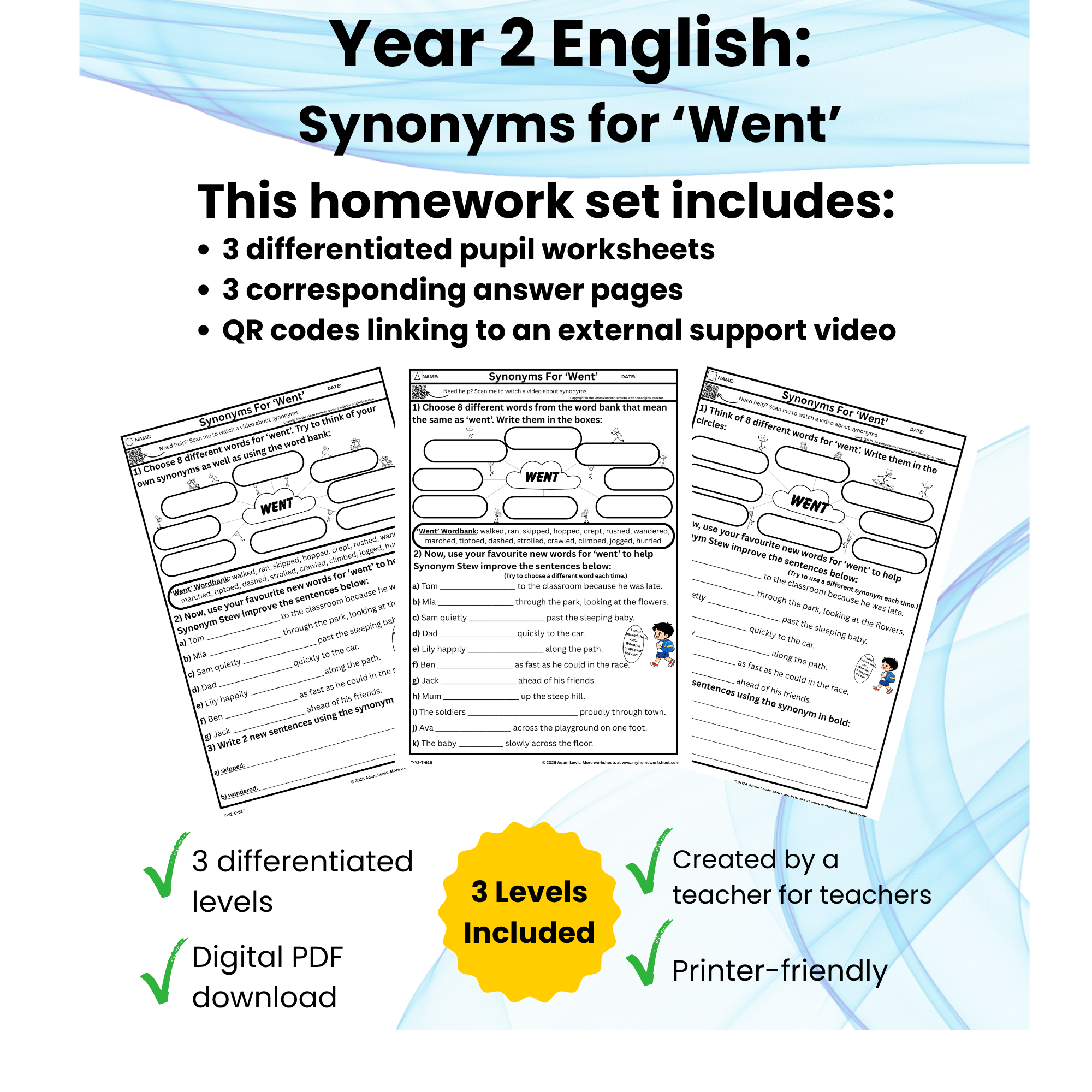 Year 2 Synonyms for ‘Went’ Worksheets (616-618)
