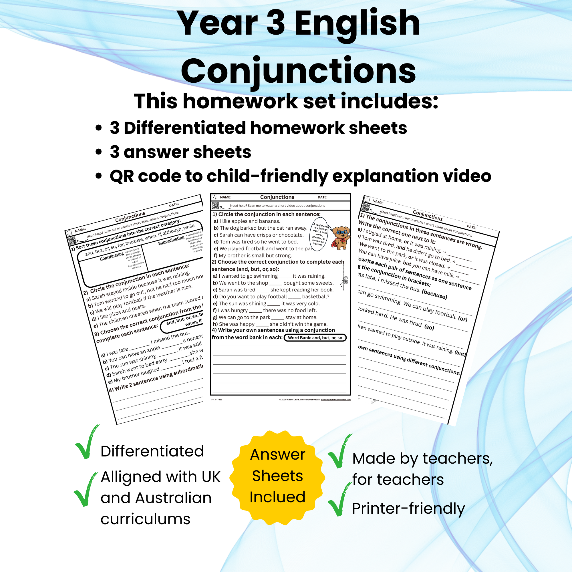 Year 3 Conjunctions Worksheets – Differentiated Grammar Homework with Answers - Set 355-357