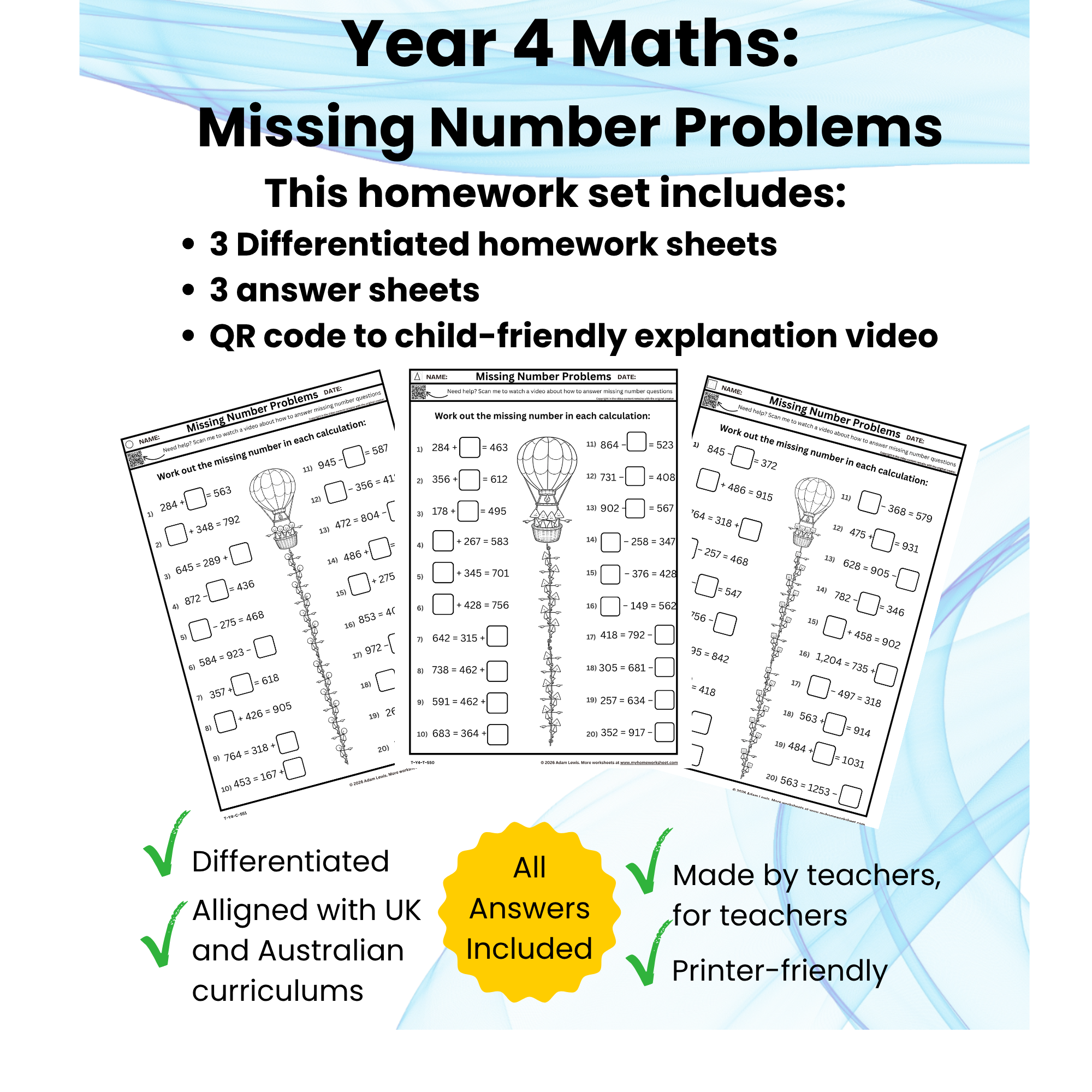 Year 4 Missing Number Problems Worksheets (450-452)