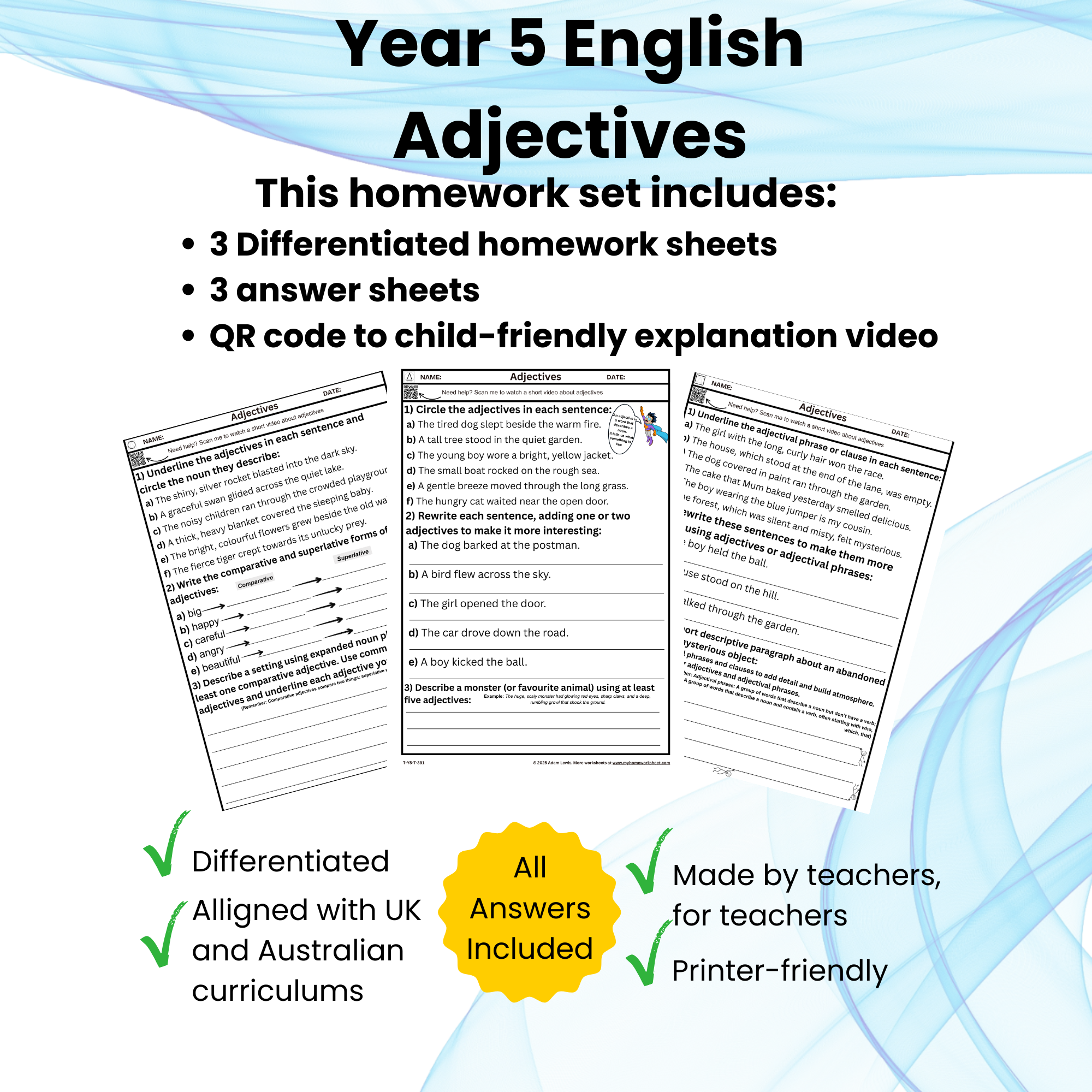 Year 5 Adjectives – Differentiated Grammar Homework 391-393