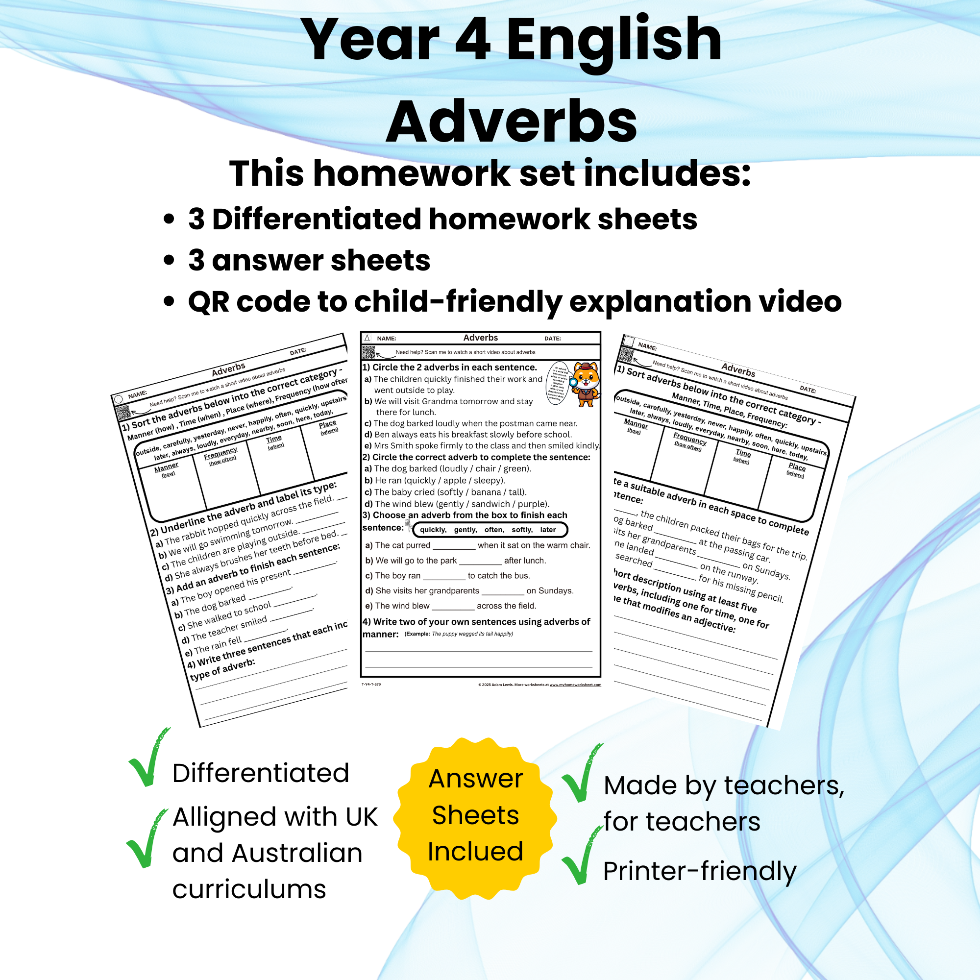 Year 4 Adverbs Worksheets | Differentiated Grammar Practice & Homework 379-381