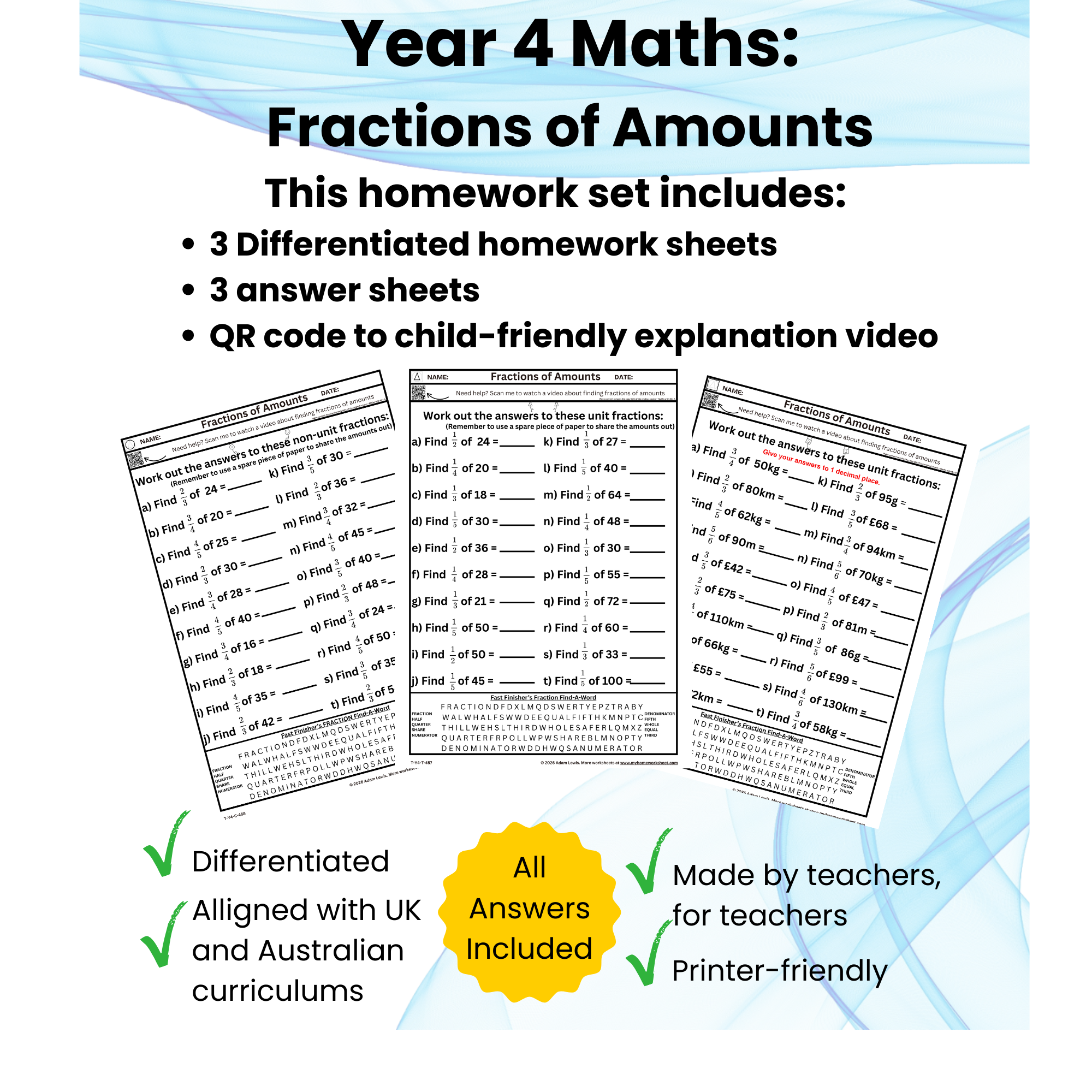 Year 4 Fractions of Amounts Worksheets – Differentiated Maths (UK & Australia) 457-459