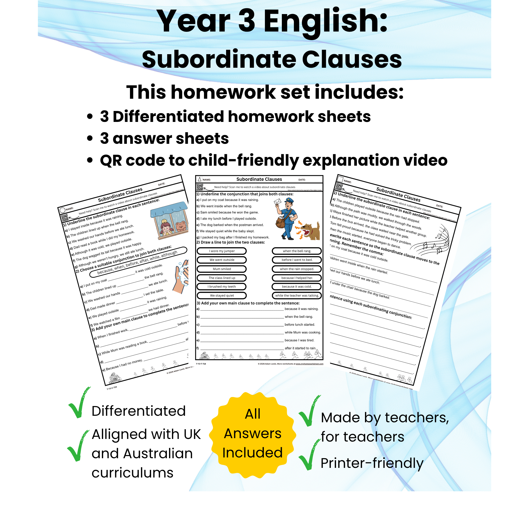 Year 3 Subordinate Clauses Worksheets (718-720)