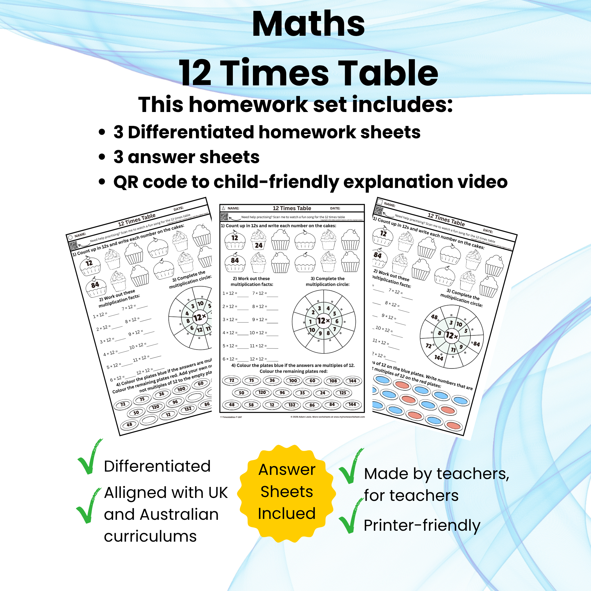 12 Times Table Worksheet Set (247-249)