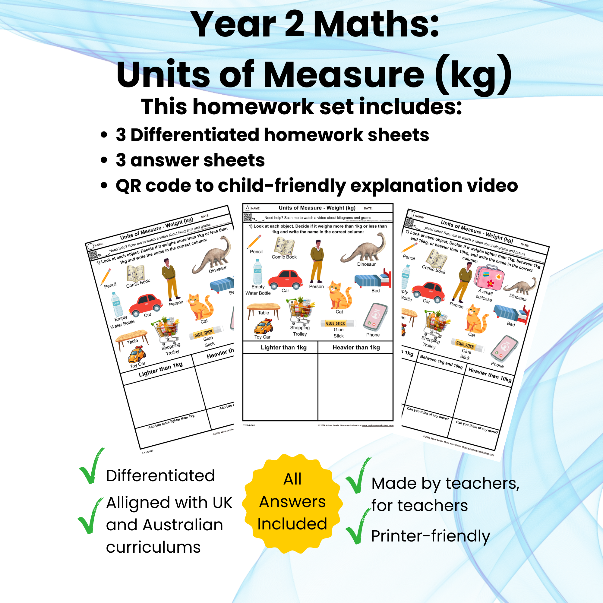Year 2 Weight (kg) Homework Worksheets – Comparing and Estimating Mass 502-504
