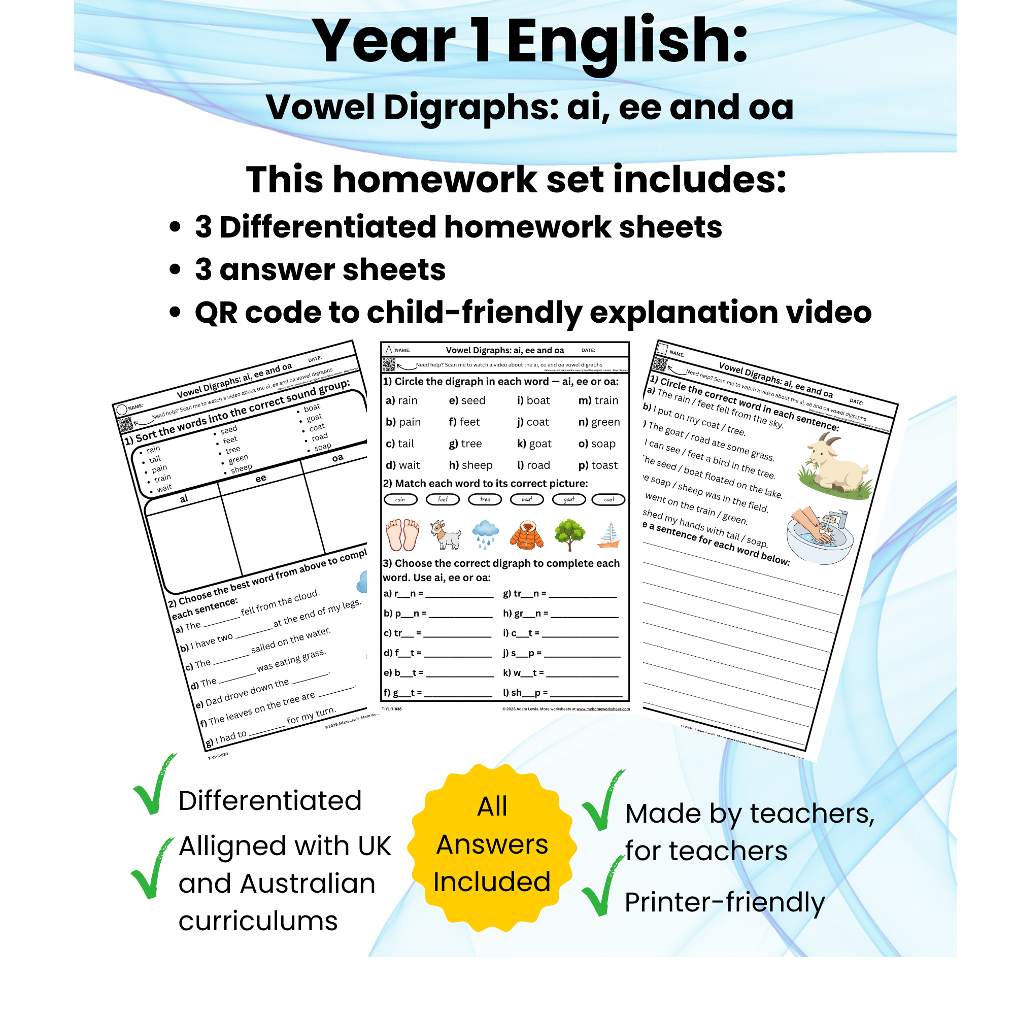 Year 1 Vowel Digraphs ai, ee and oa Worksheet (838-840)