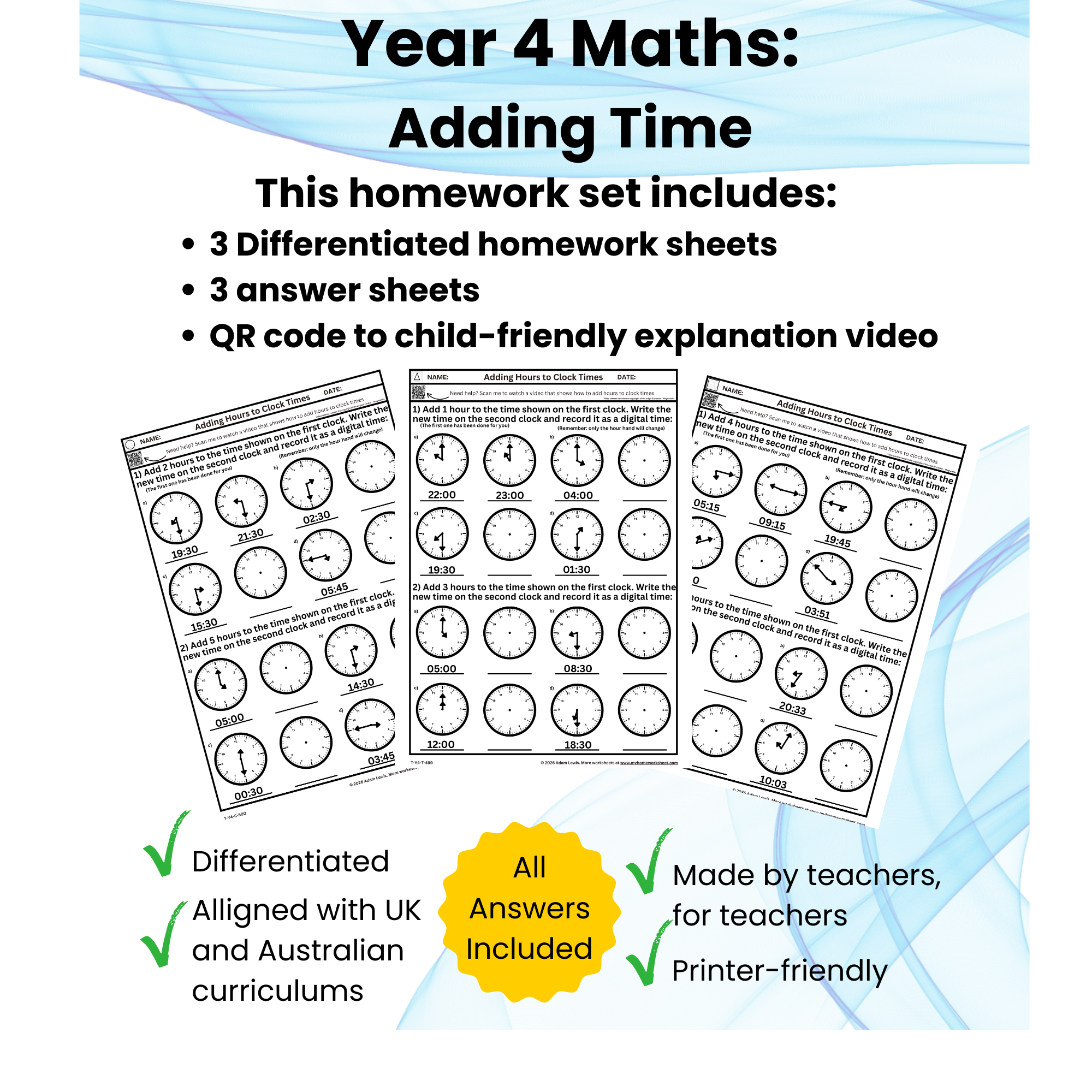 Year 4 Adding Hours to Time - Analogue & 24-Hour Clock Practice (499-501)