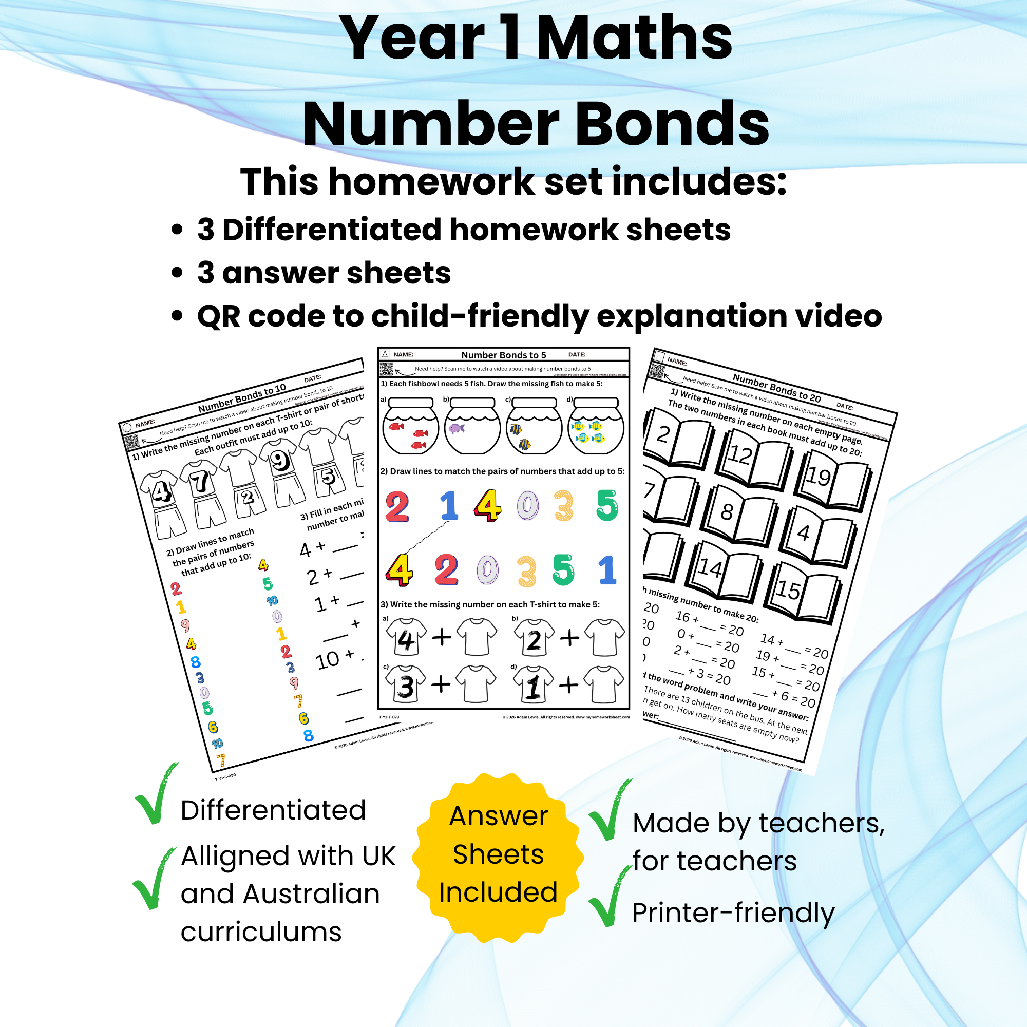 Year 1 Maths Number Bonds Worksheet Set (079-081)