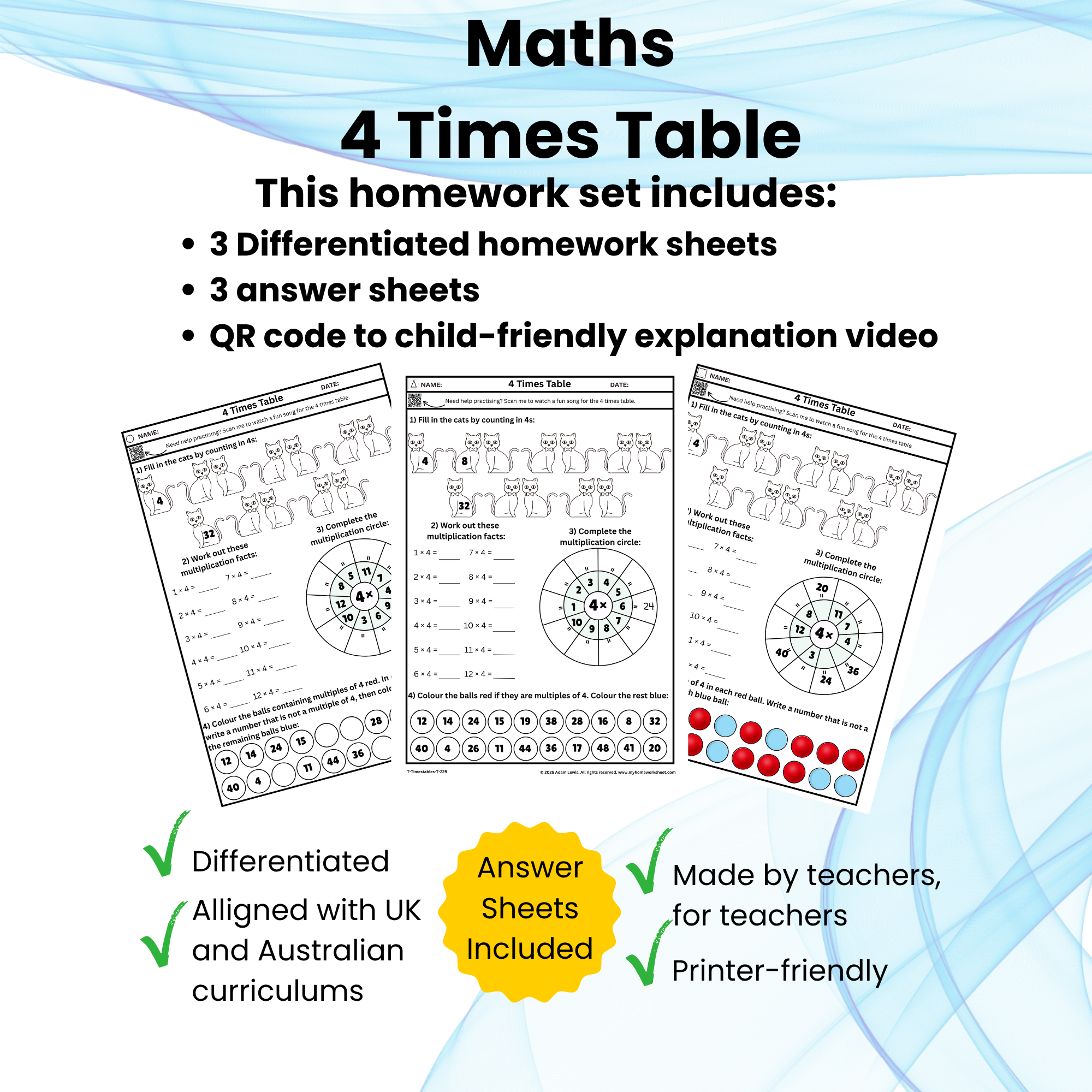 4 Times Table Worksheet Set (229-231)
