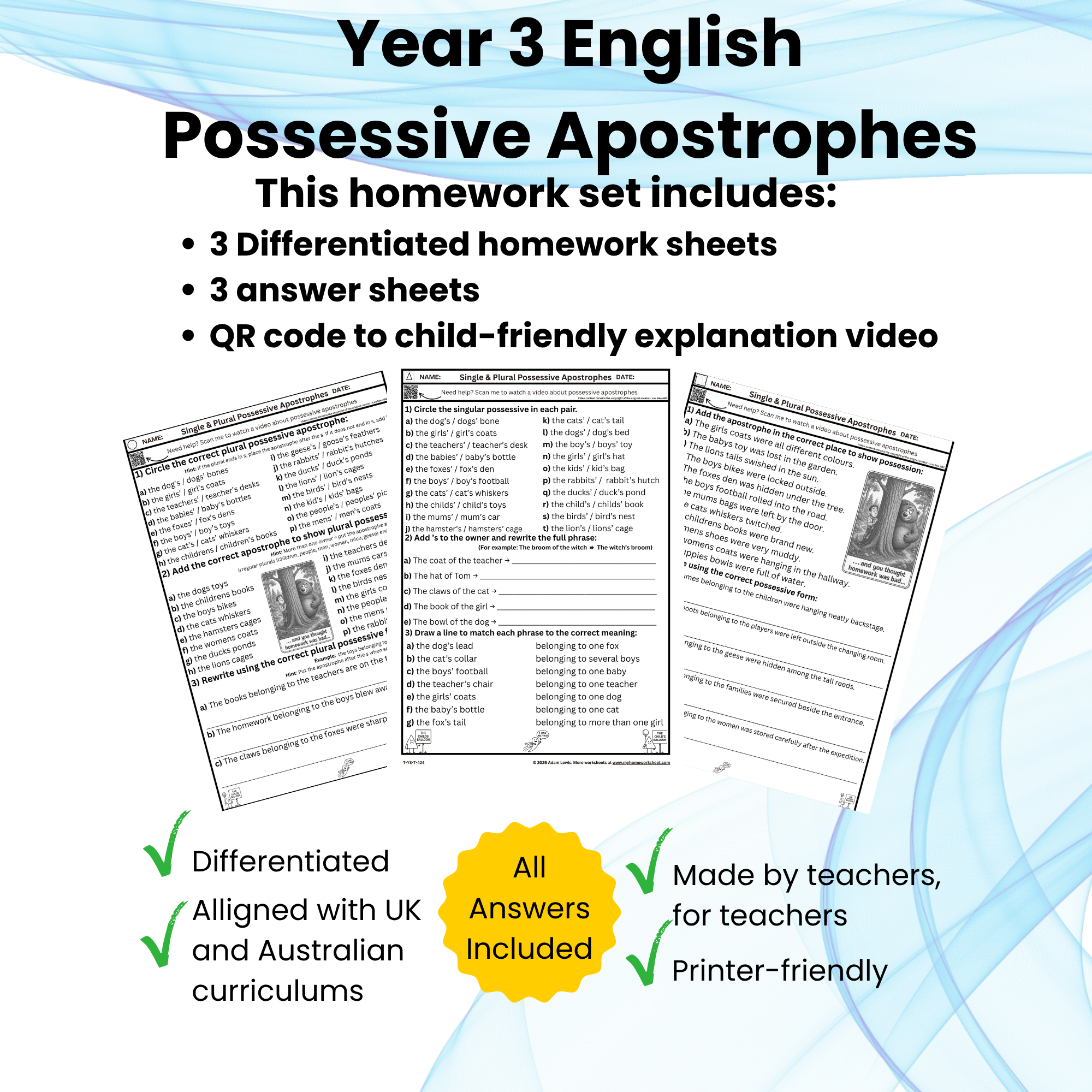 Year 3 Possessive Apostrophes Worksheets (424-426)
