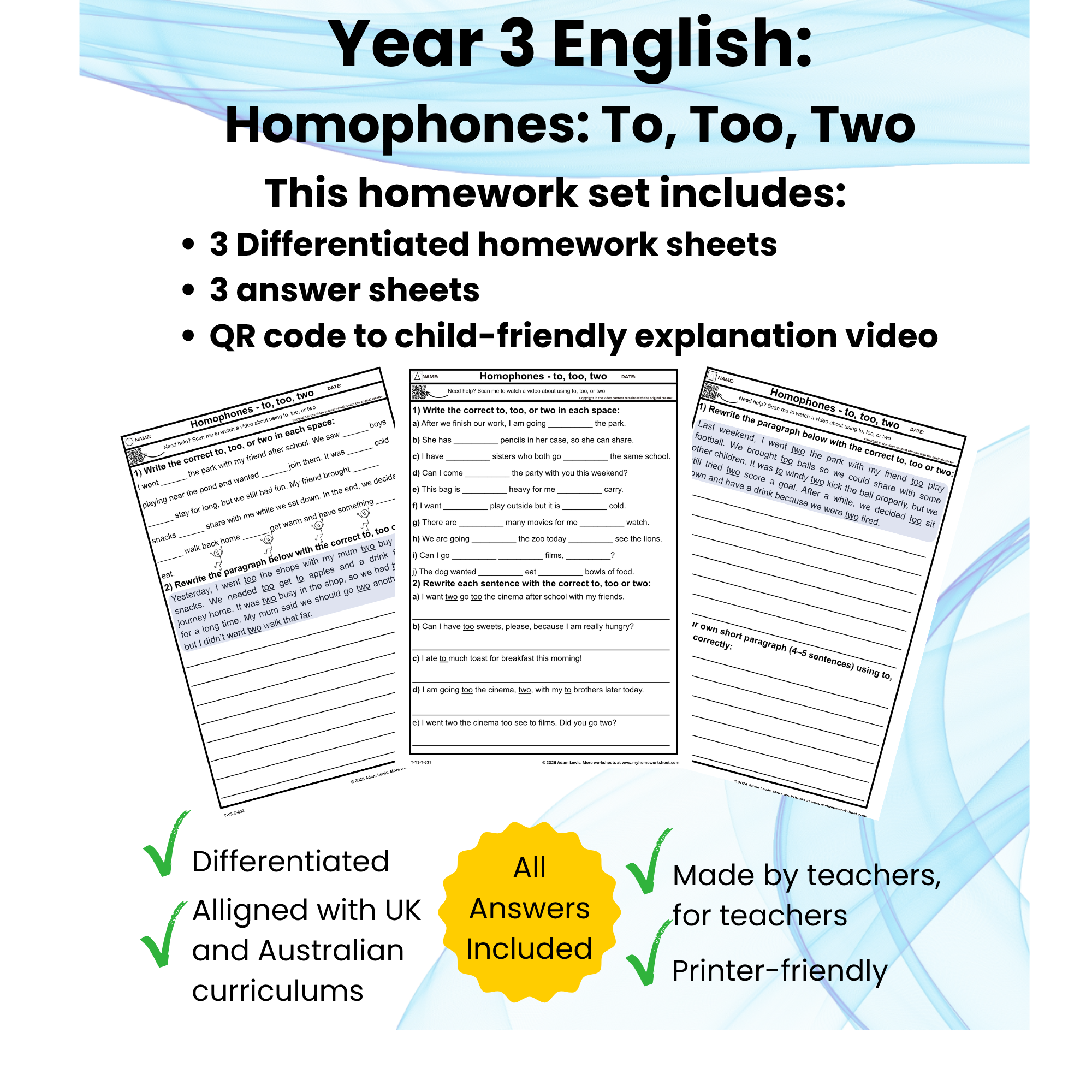 Year 3 Homophones To Too Two Worksheets (631-633)