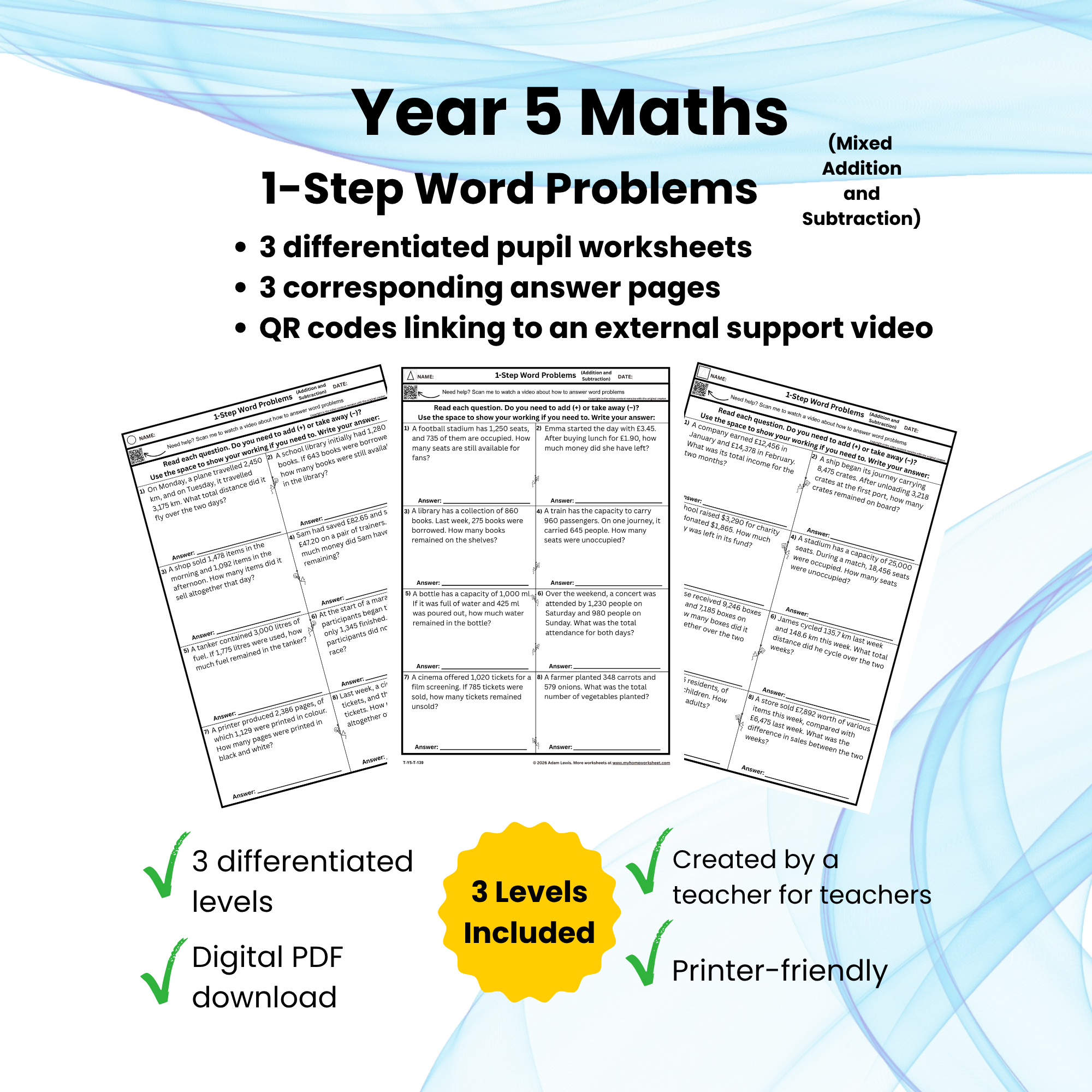Y5 Mixed One-Step Word Problems – Addition & Subtraction (139–141)