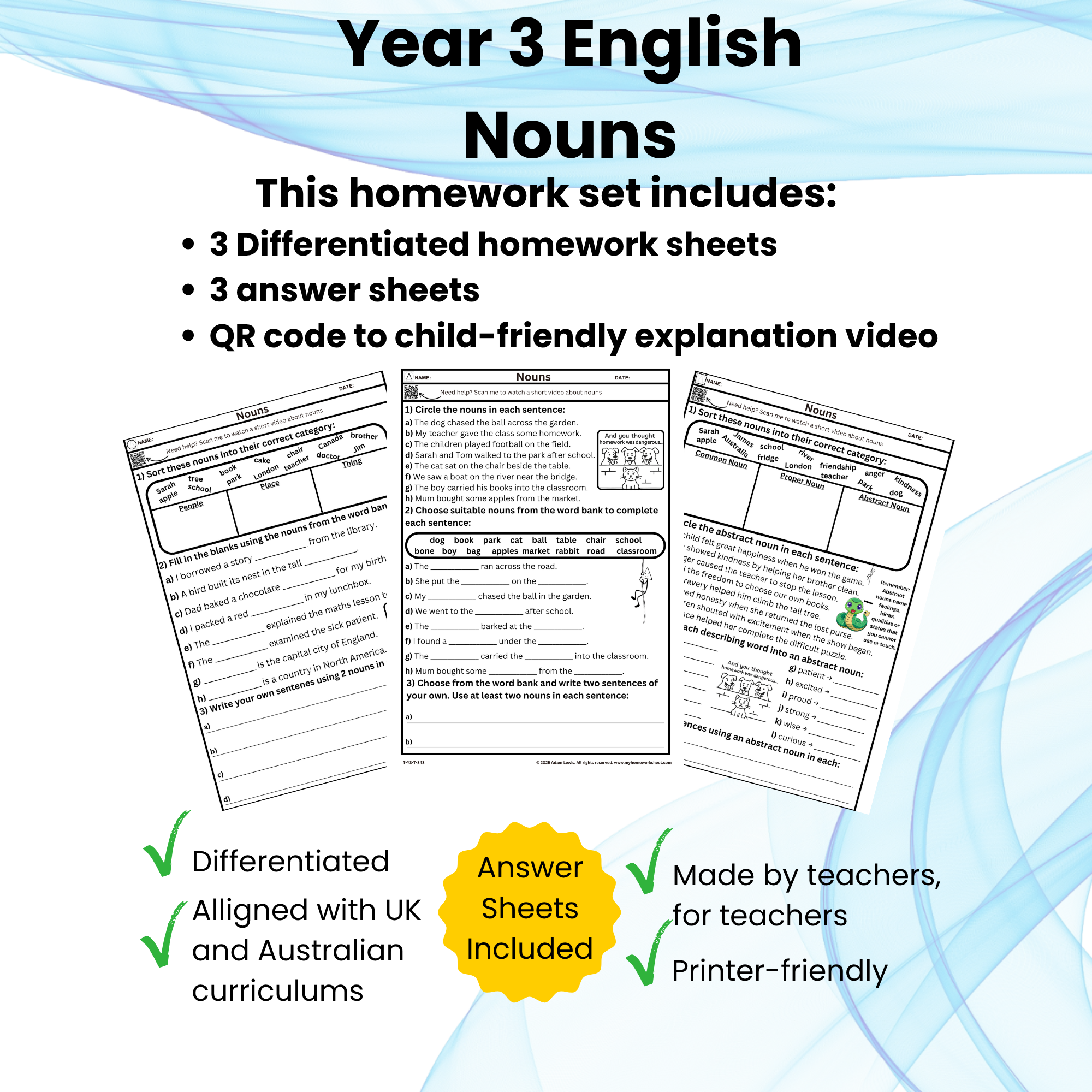 Year 3 Nouns Worksheets (343-345)
