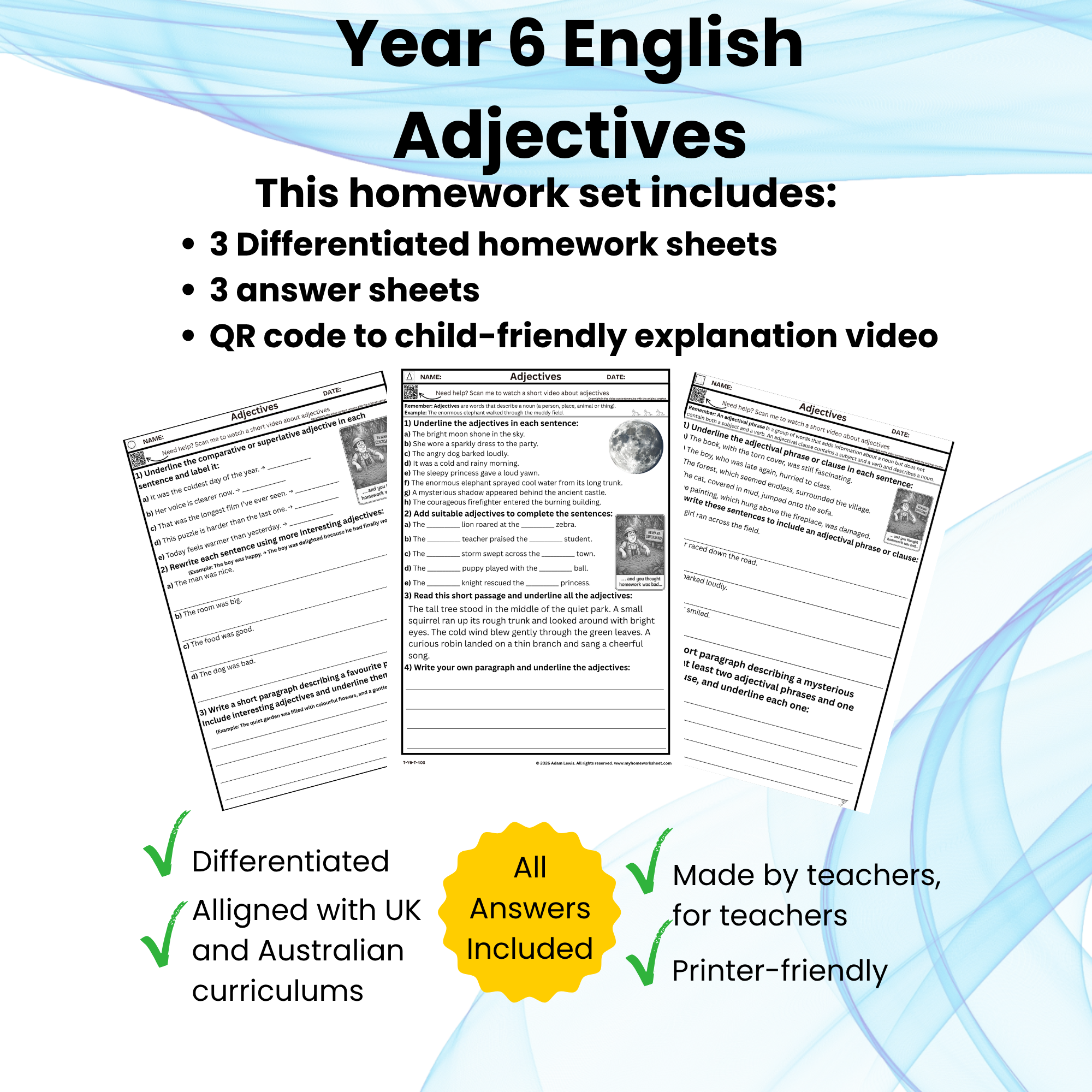 Year 6 Adjectives Worksheets (403-405)