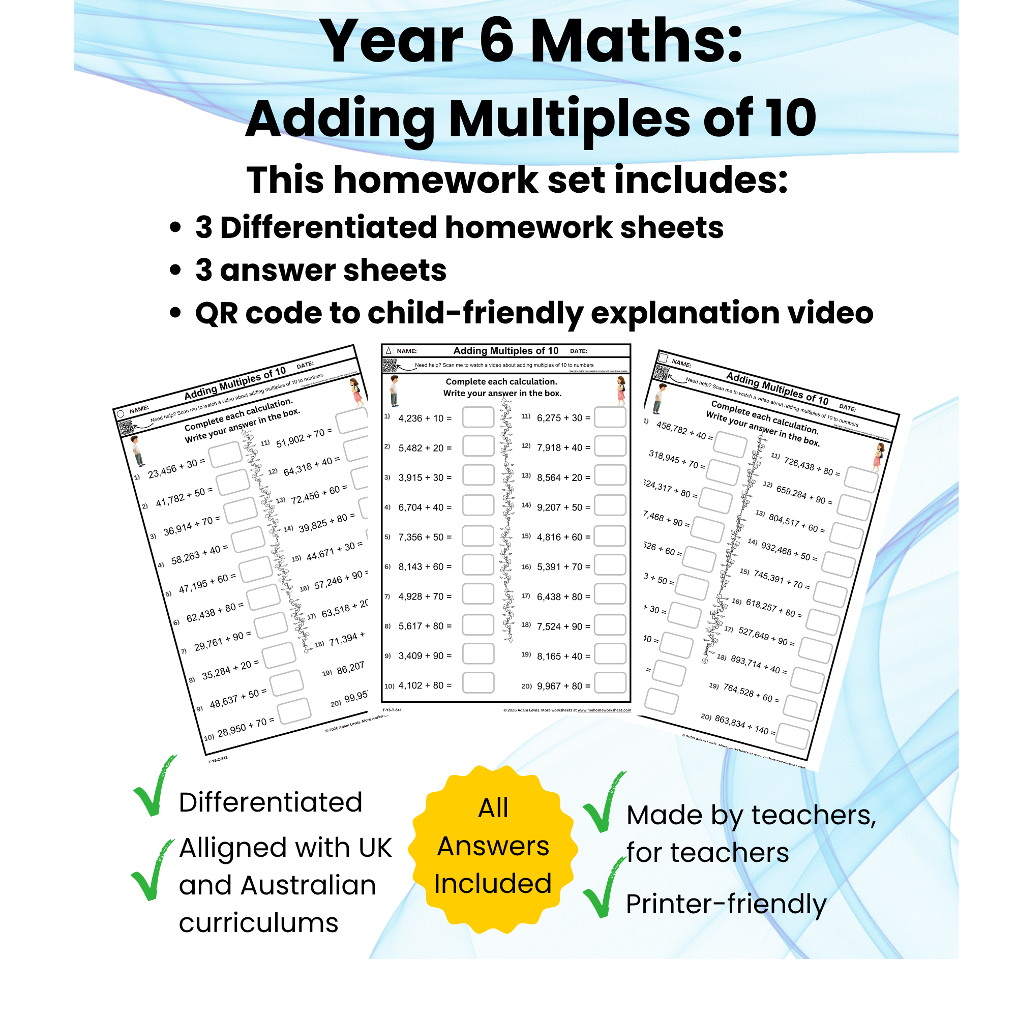 Year 6 Adding Multiples of 10 Worksheets (541-543)