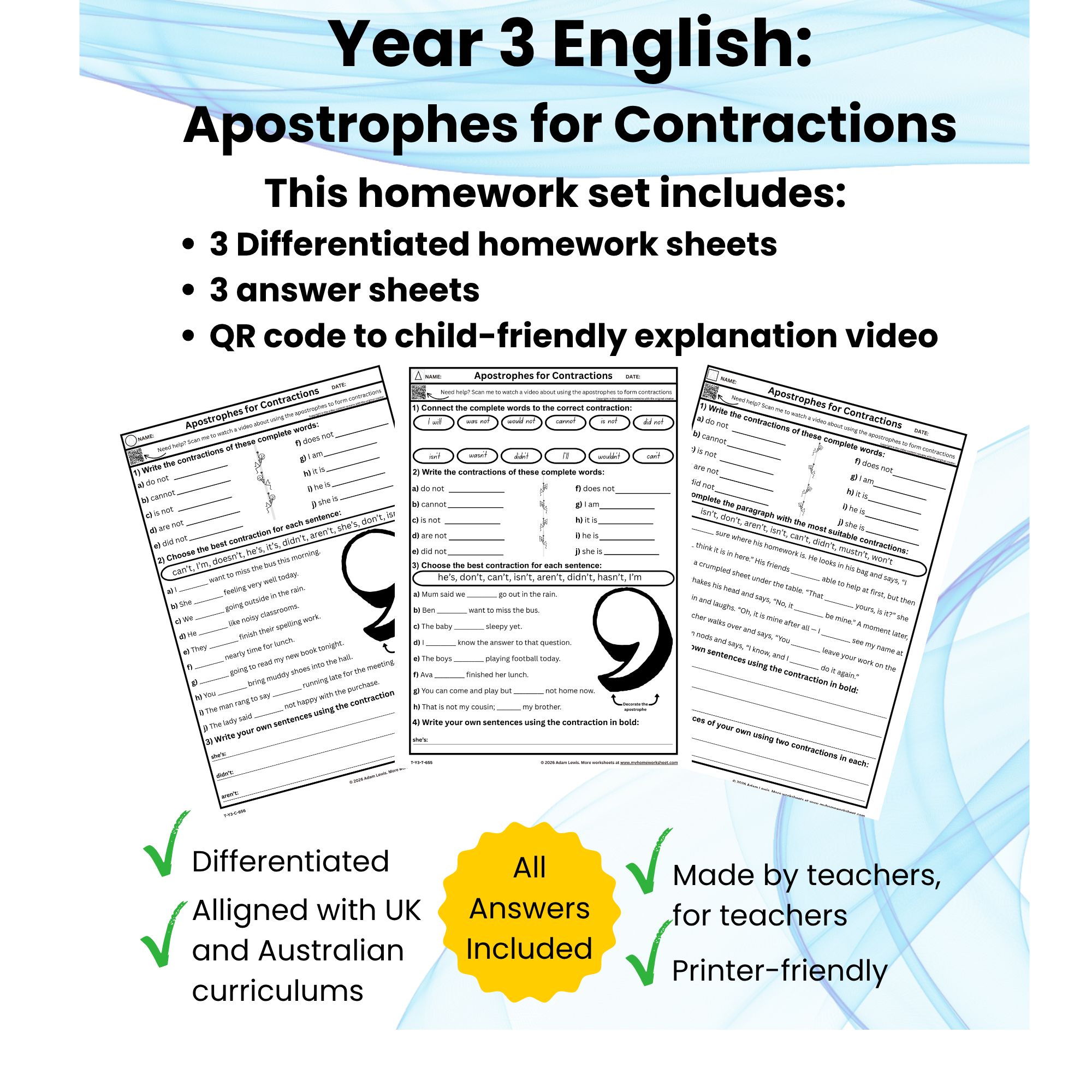 Year 3 Apostrophes for Contractions Worksheets (655-657)