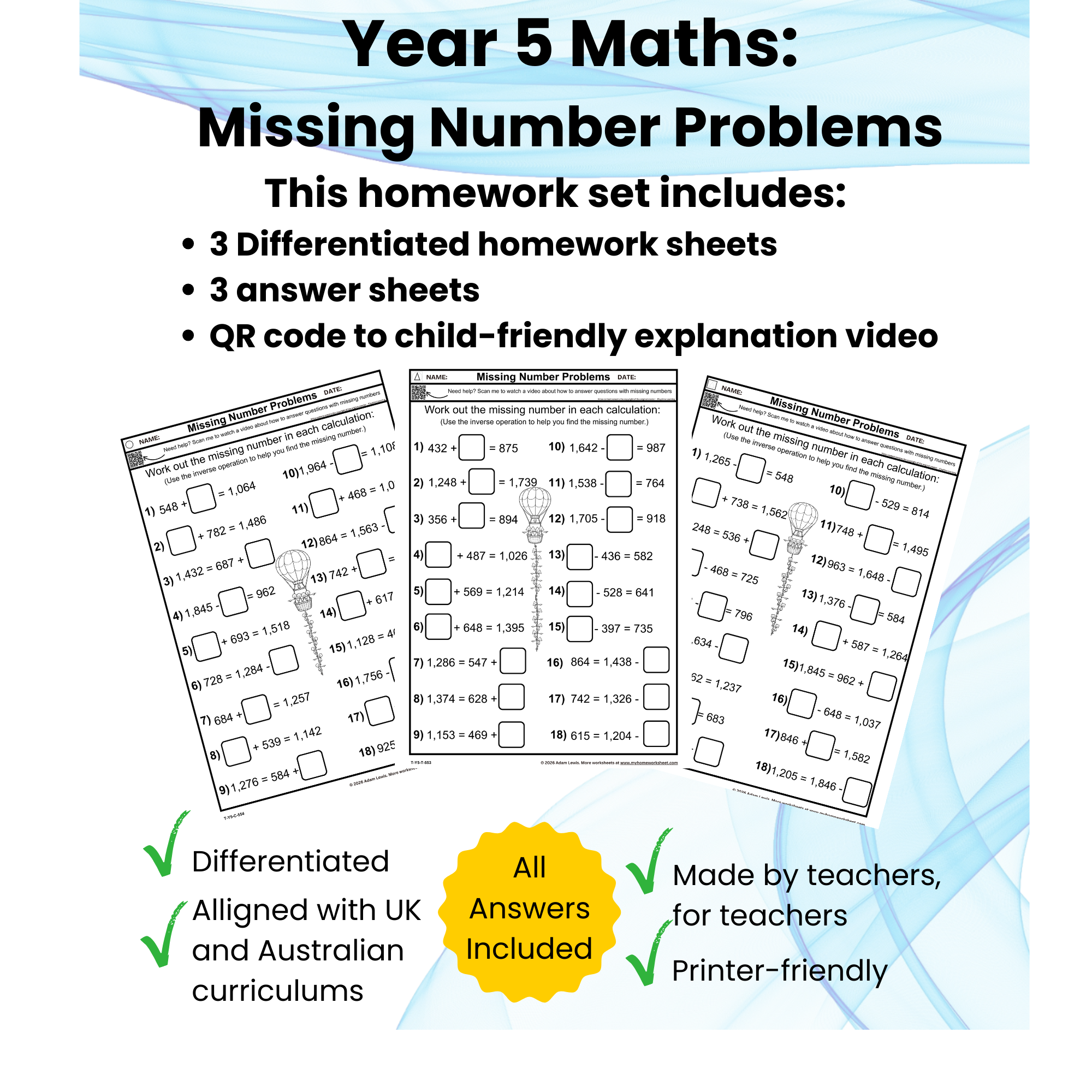 Year 5 Missing Number Problems Homework Sheets (Differentiated Maths Worksheets) 553-555