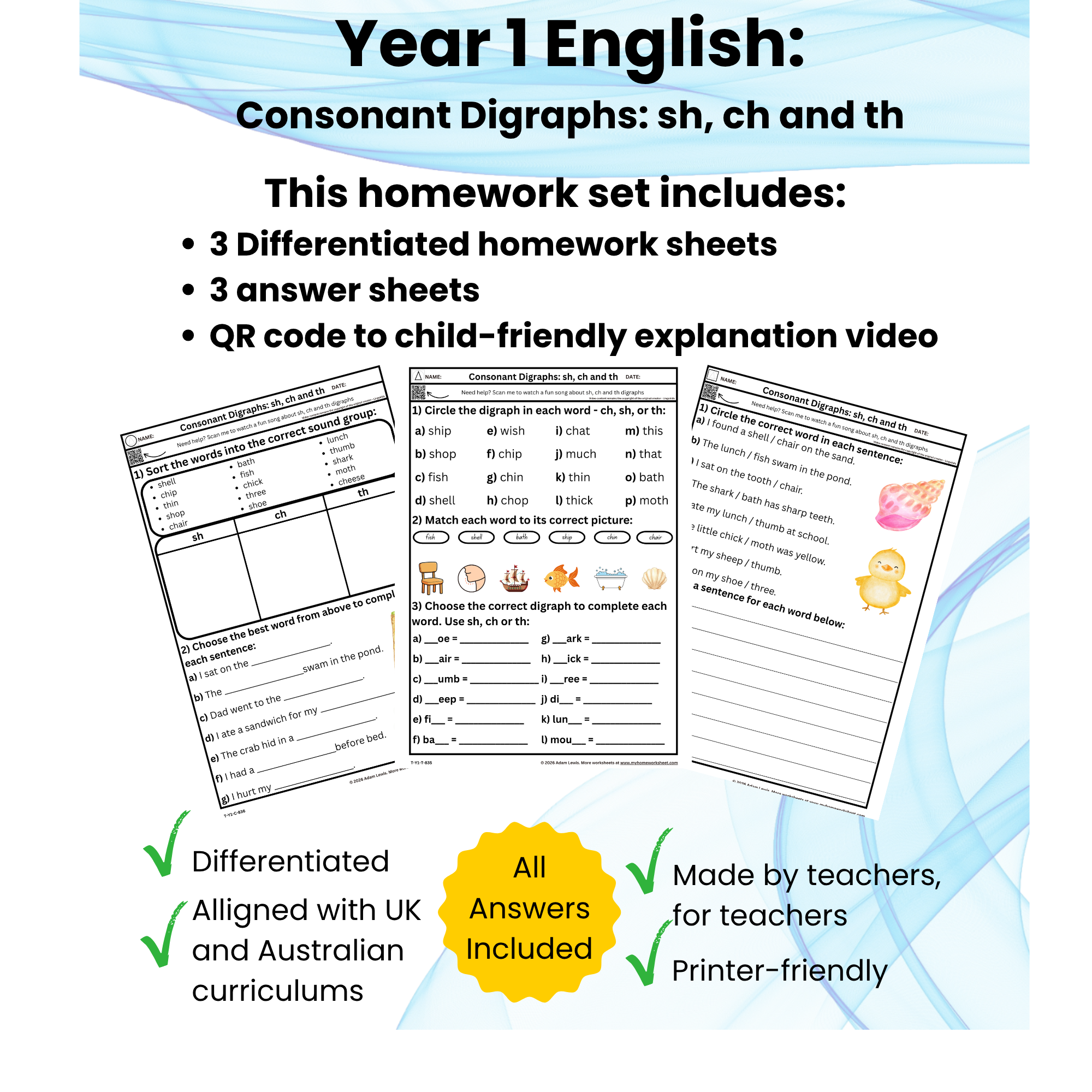 Year 1 Consonant Digraphs: sh, ch and th Worksheet Set (835-837)