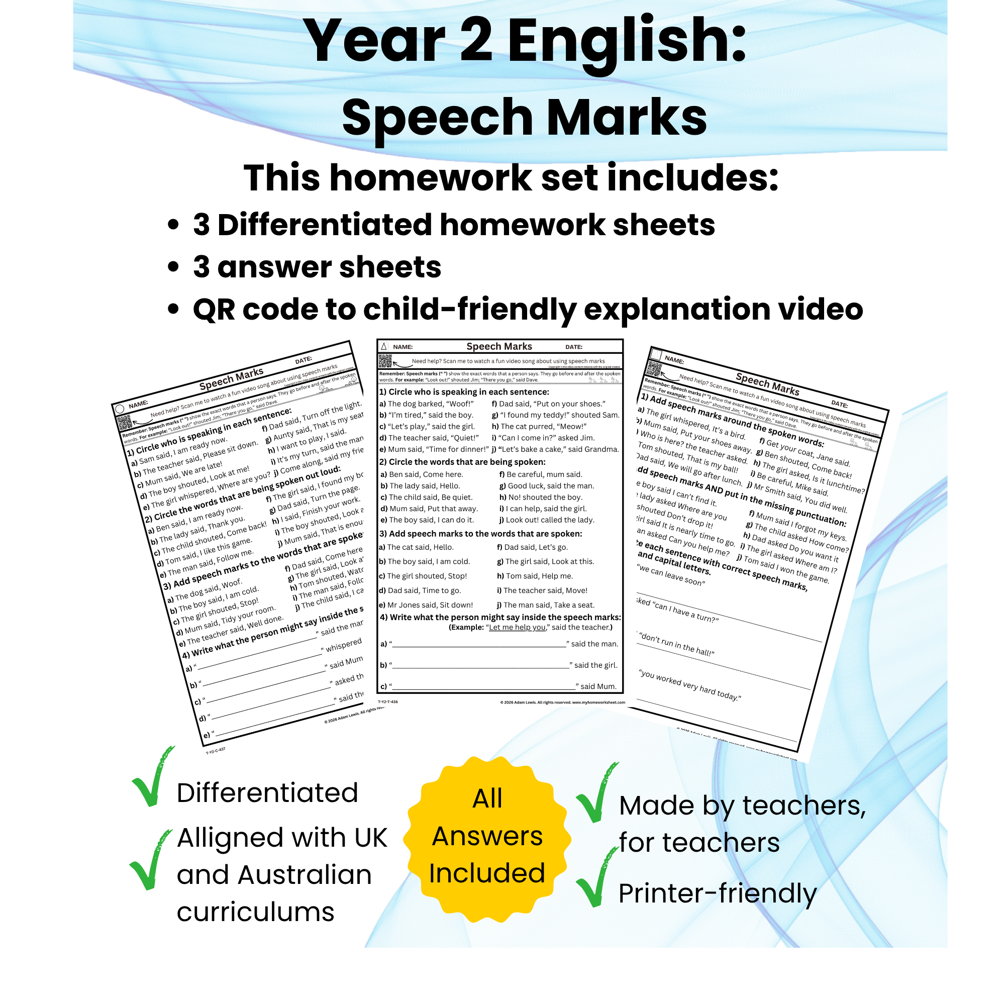 Year 2 Speech Marks Worksheets (436-438)