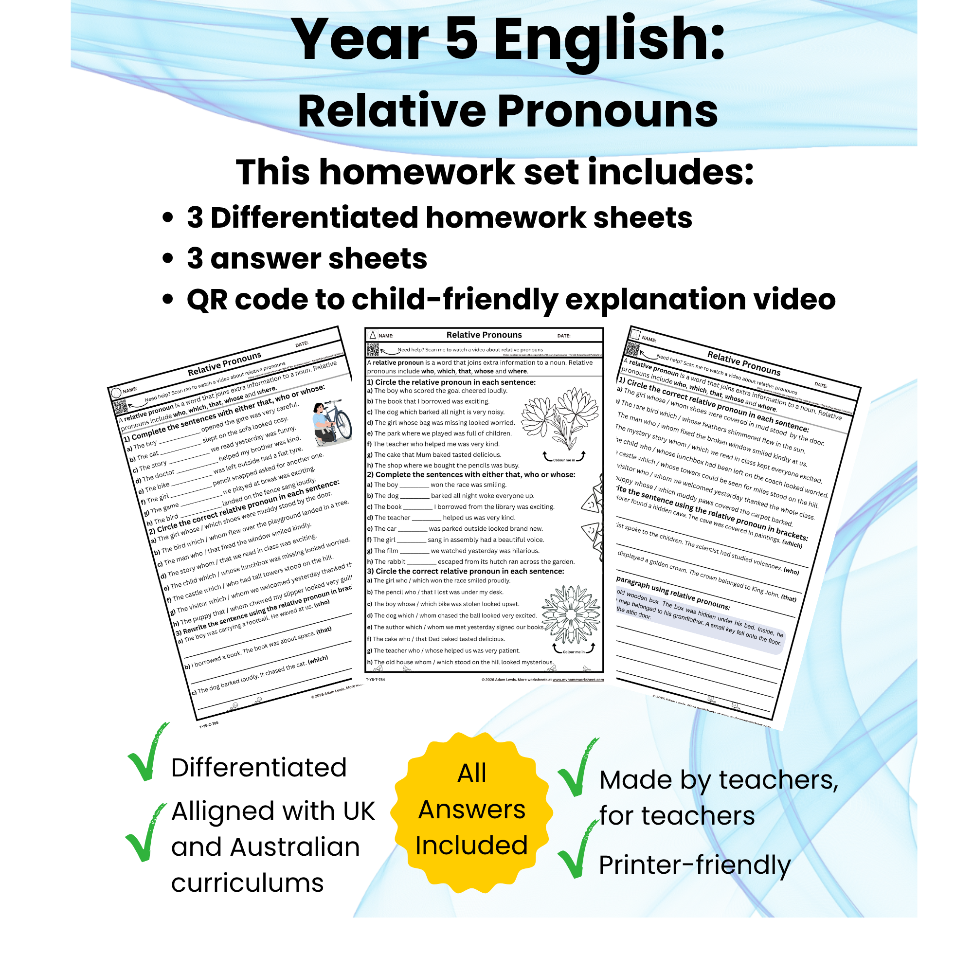 Year 5 Relative Pronouns Worksheets (784-786)