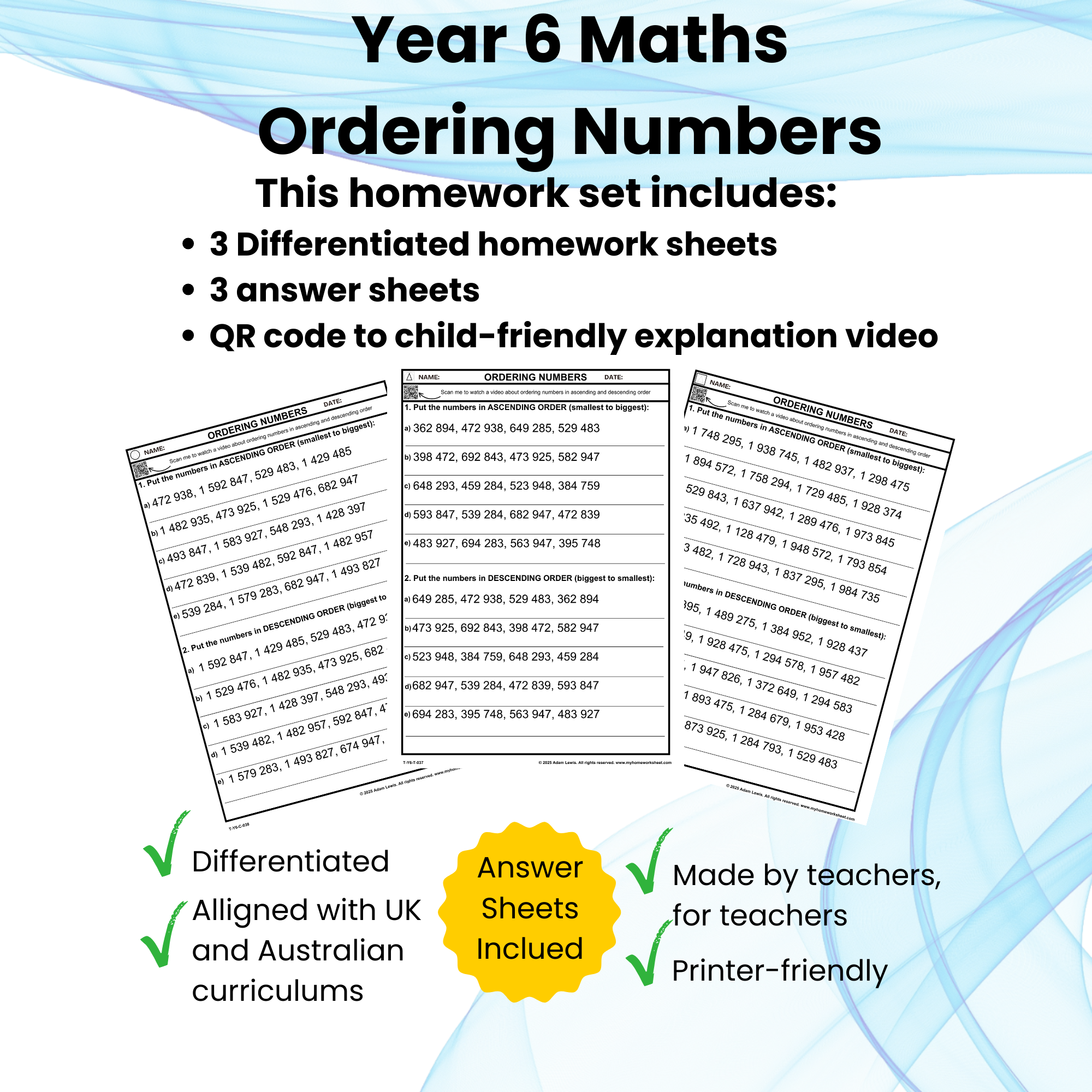 Year 6 Ordering Numbers – Differentiated Worksheets (Homework Sheets 037-039)